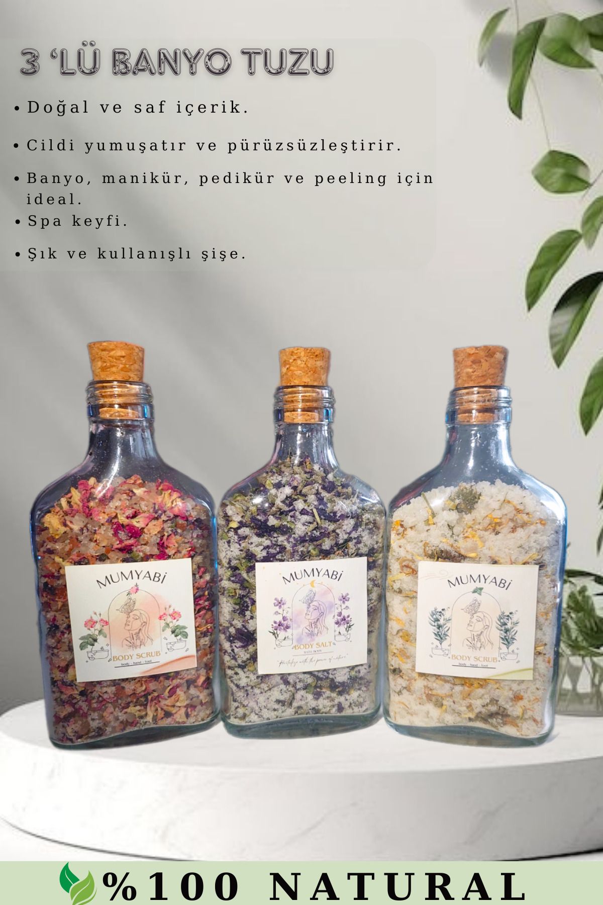 MUMYABİ 3'lü Doğal Mineralli Banyo Tuzu Seti Ylang Ylang,Lavanta,Gül Yağlı,Peeling ve Manikür/Pedikür