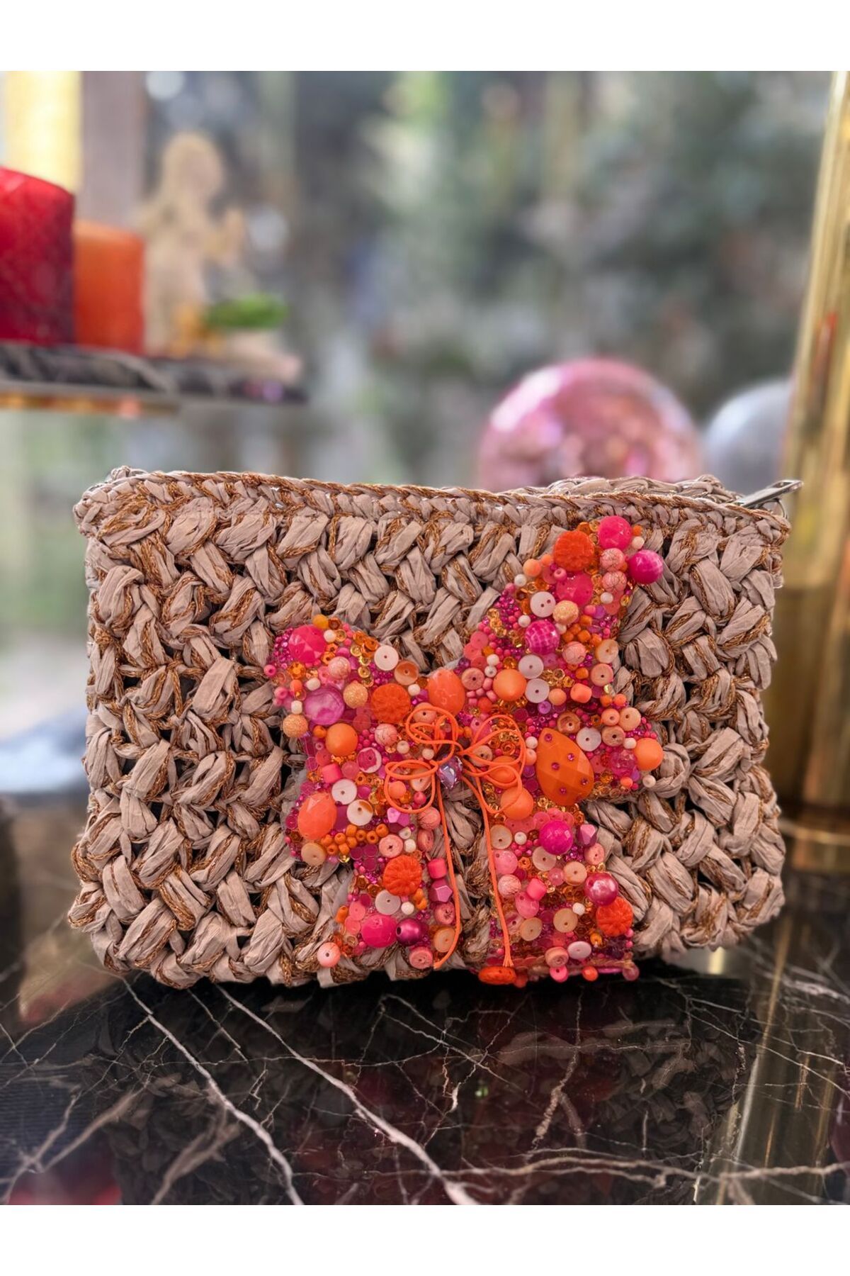 Home Özel Tasarım Boncuklu Kelebek Detaylı Clutch