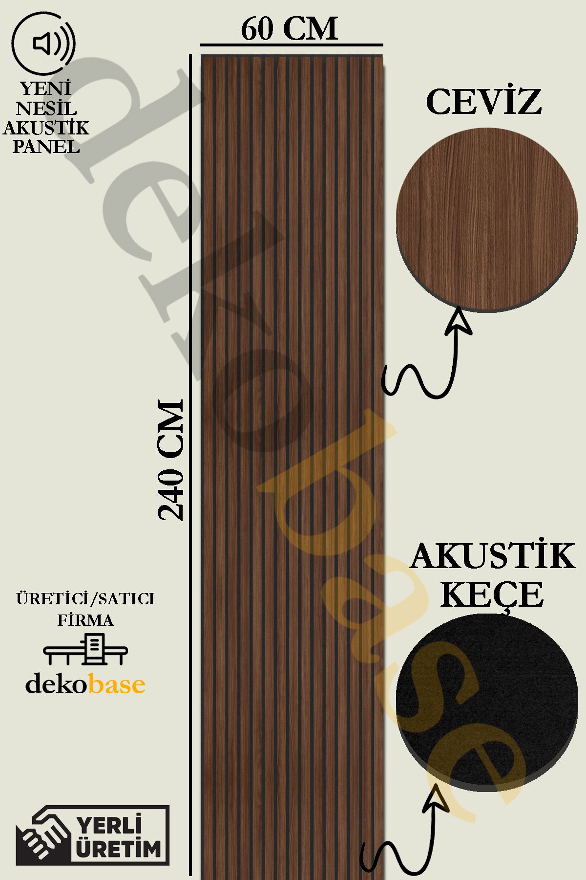 dekobase Ceviz Renk 60x240cm Yeni Nesil Akustik Duvar Paneli