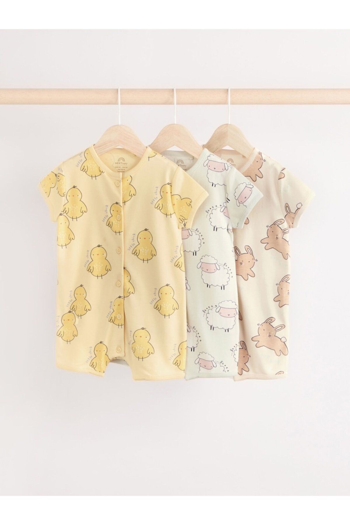 Next Baby 100% Cotton Cream Yellow Animal Patterned 3-Piece Romper Set