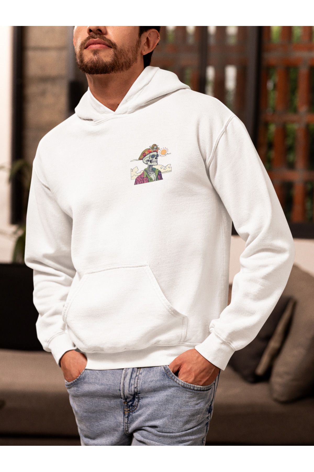 Vagonet Unisex Skeleton Baskılı Hoodie / Kapüşonlu Sweatshirt