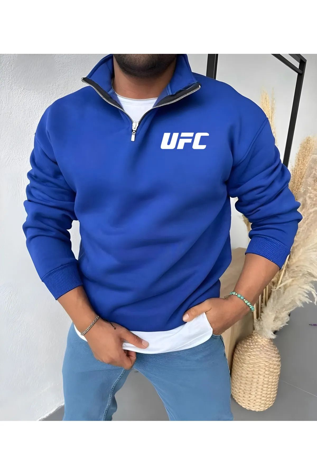 TEXTURA Yeni Sezon UFC Baskılı Dik Yakalı Yarım Fermuarlı Mavi Pamuklu Sweatshirt