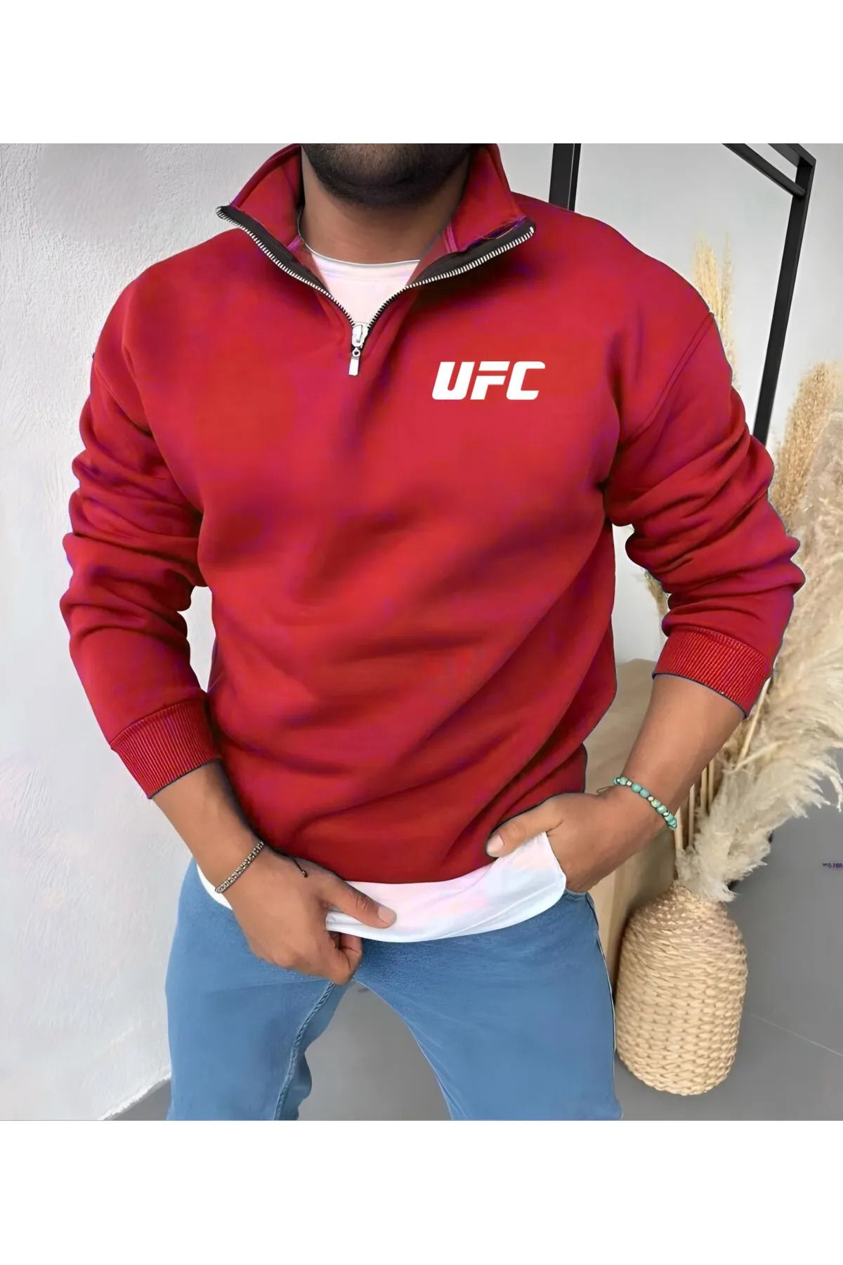 TEXTURA Yeni Sezon UFC Baskılı Dik Yakalı Yarım Fermuarlı Kırmızı Pamuklu Sweatshirt