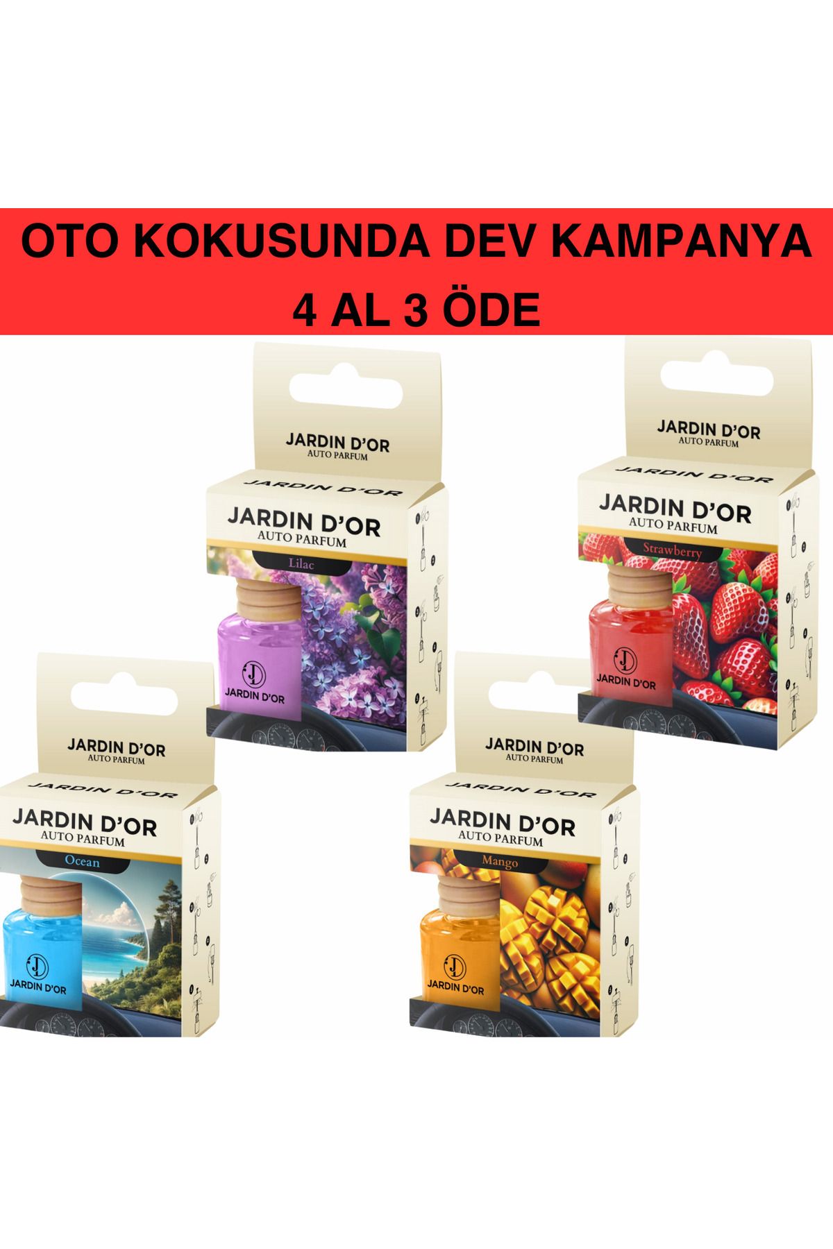 JARDIN D'OR 4'lü Oto Kokusu Auto Perfume  (Okyanus-Mango-Leylak-Çilek) 8 ML