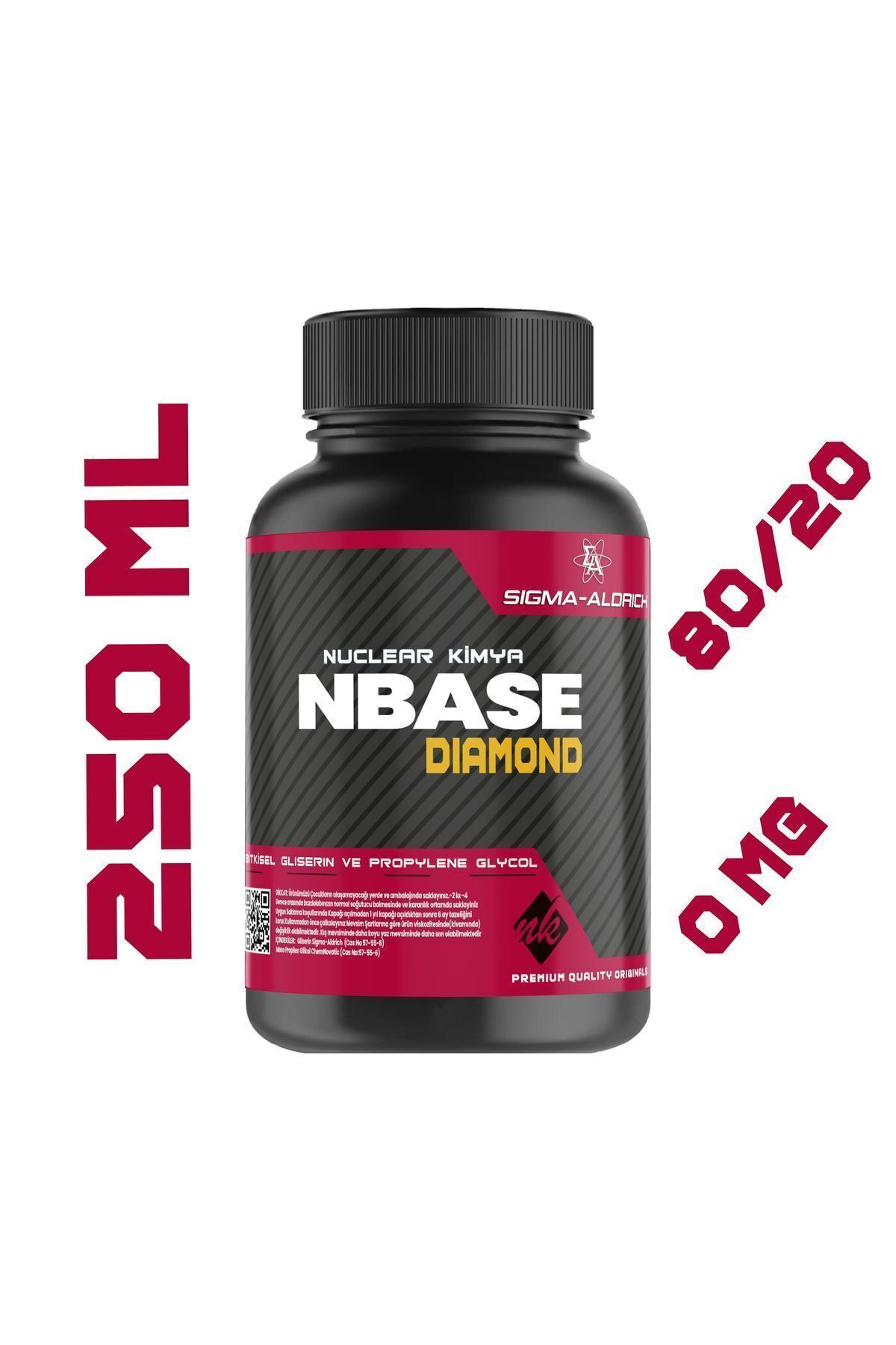 nuclear kimya Diamund Base 250 ml Vg Pg 80-20 0 Mg Sertlik Oranı Gliserin Propilen Glikol Base