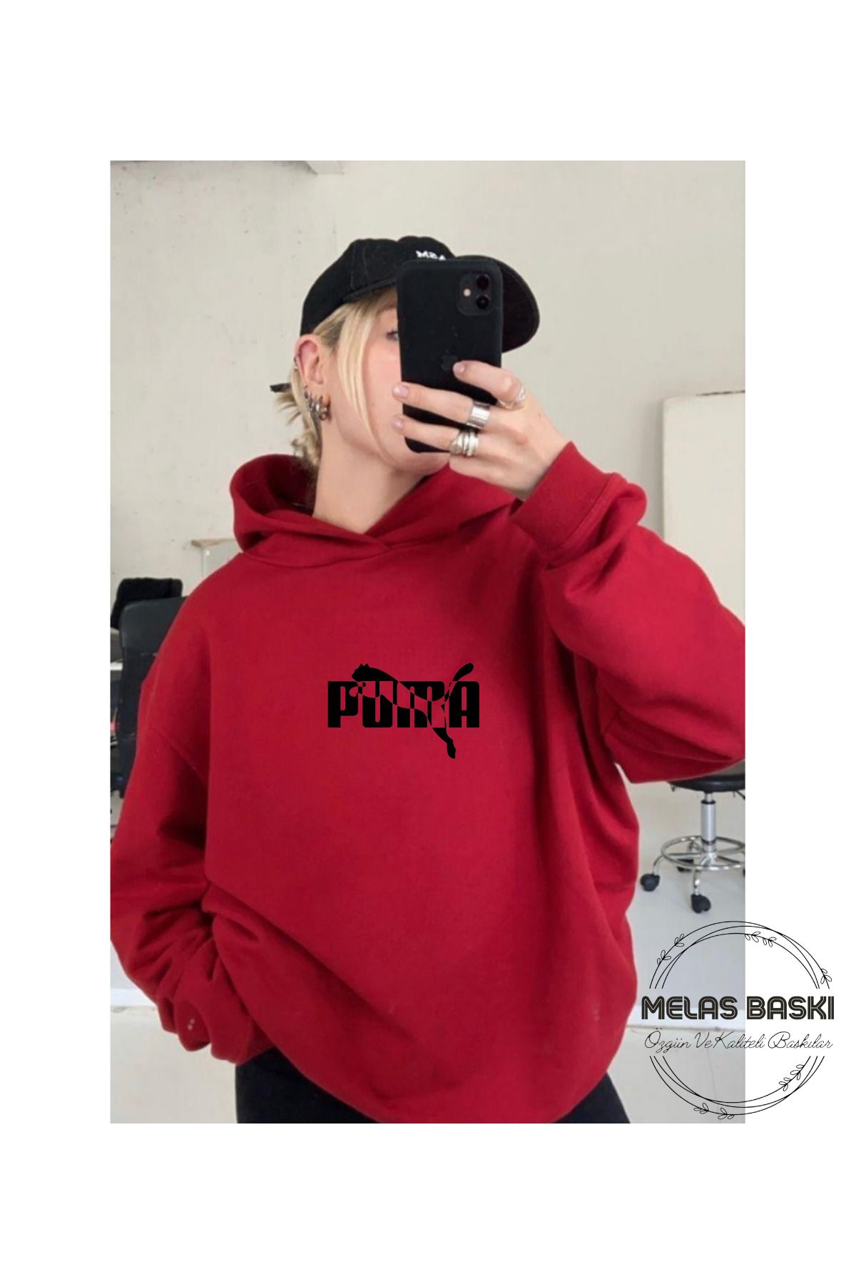 MELAS BASKI %100 PAMUKLU DETAYLI ÜÇ İPLİK ŞARDONLU KIRMIZI SWEATSHIRT