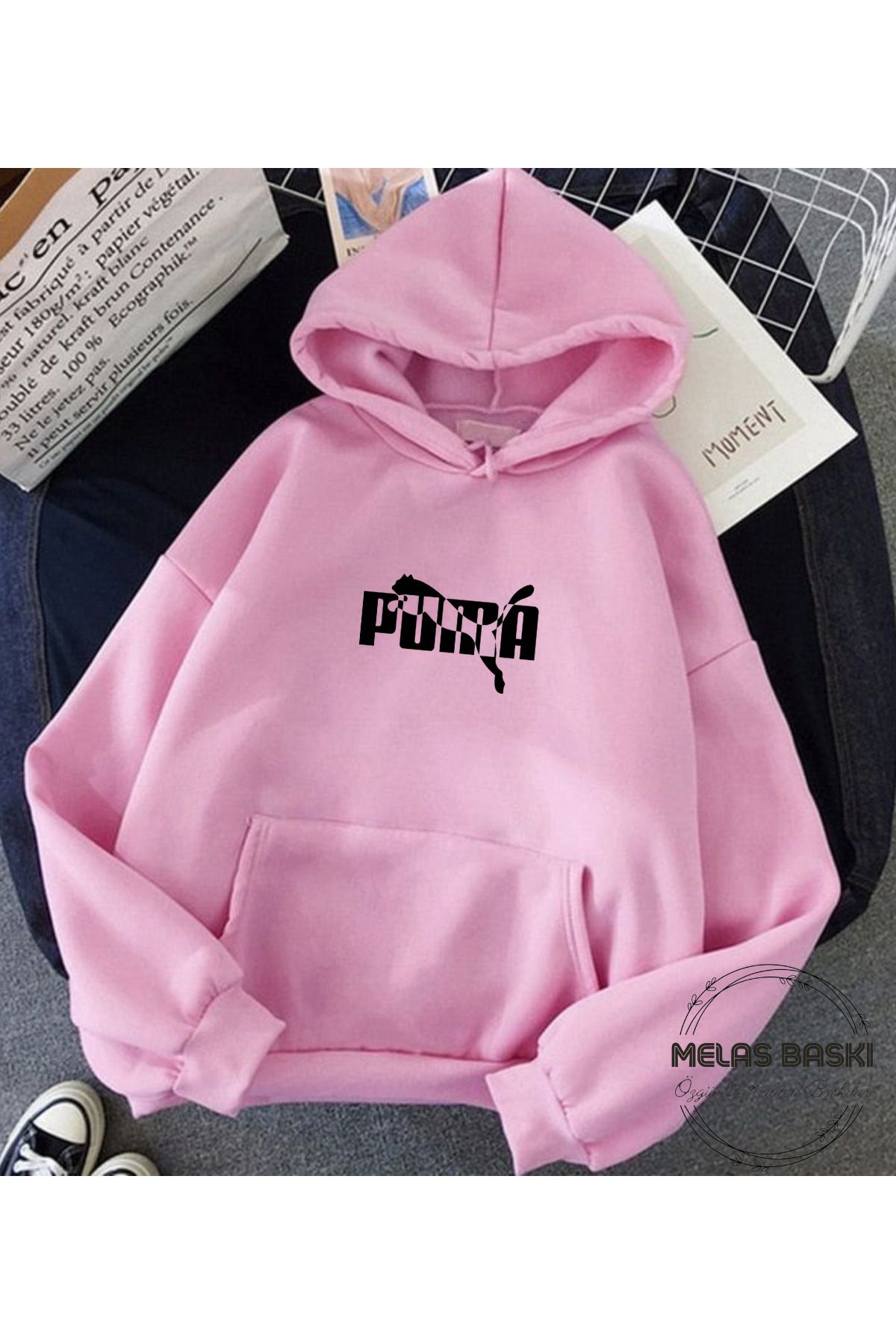 MELAS BASKI %100 PAMUKLU DETAYLI ÜÇ İPLİK ŞARDONLU PEMBE SWEATSHIRT