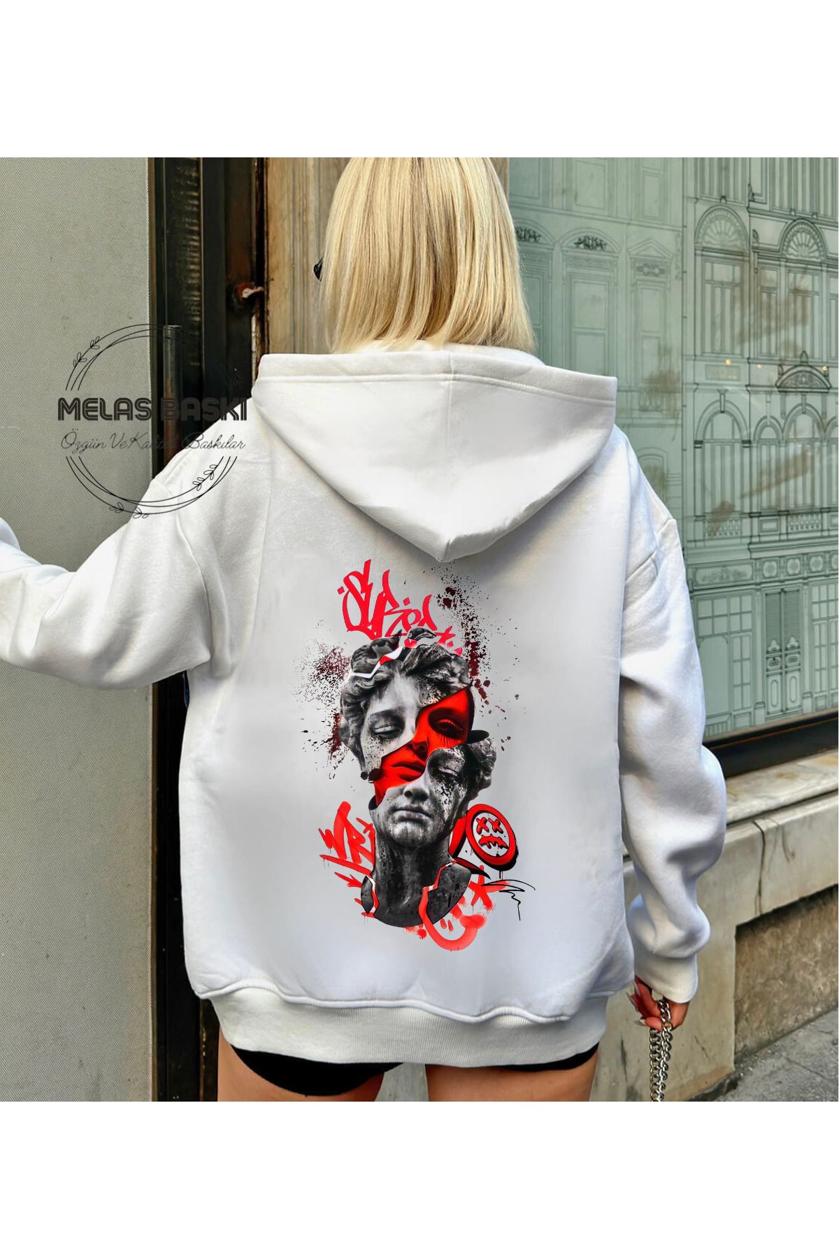 MELAS BASKI %100 PAMUKLU DETAYLI ÜÇ İPLİK ŞARDONLU BEYAZ SWEATSHIRT