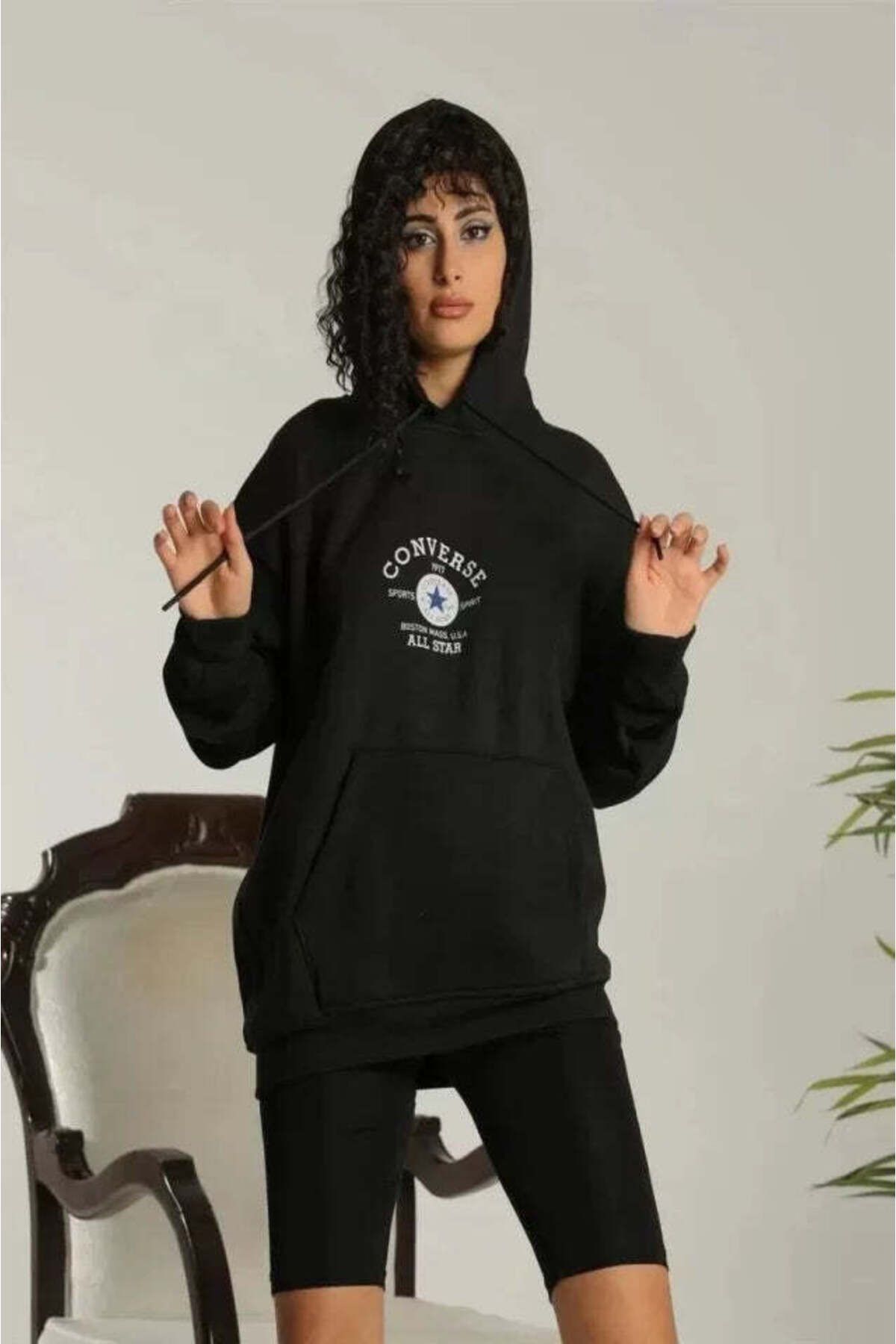 Silerra Unisex Kapüşonlu Üç İplik Oversize Baskılı Sweatshirt - Siyah