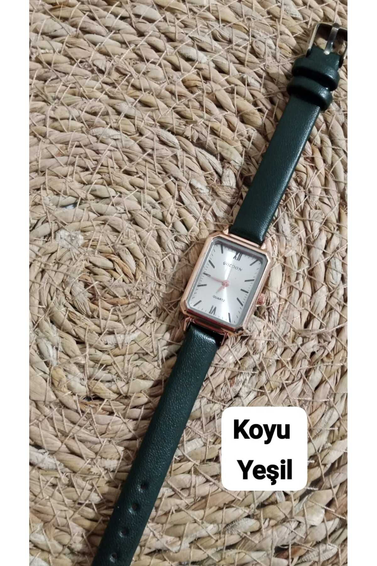 Brality Retro Vintage Model...Kadın Kol Saati...Dikdörtgen ROSE Kasa...Koyu Yeşil Düz Kordon- 0088