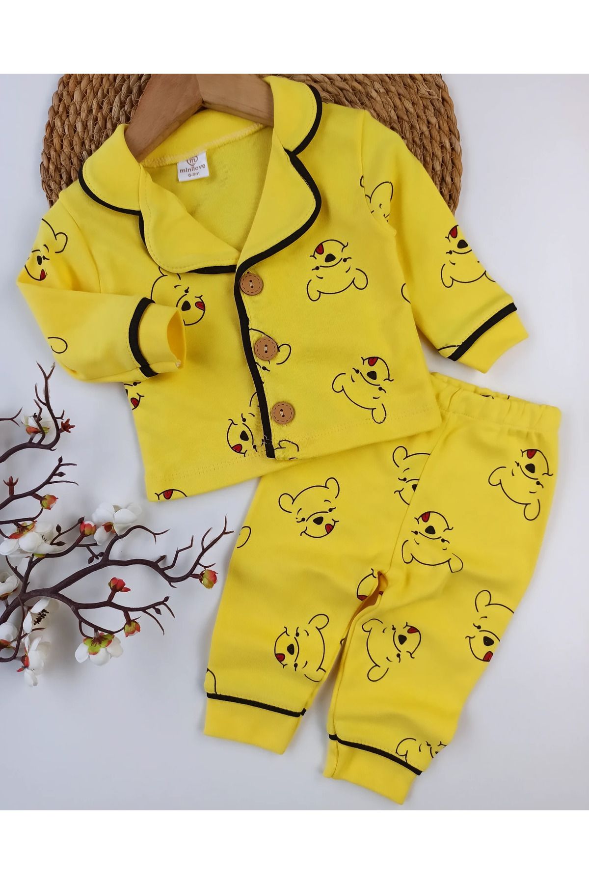 BEBENNA Bebek 6-24 Ay Pooh Ayicik Baskili Düğmeli̇ Pi̇jama Takim