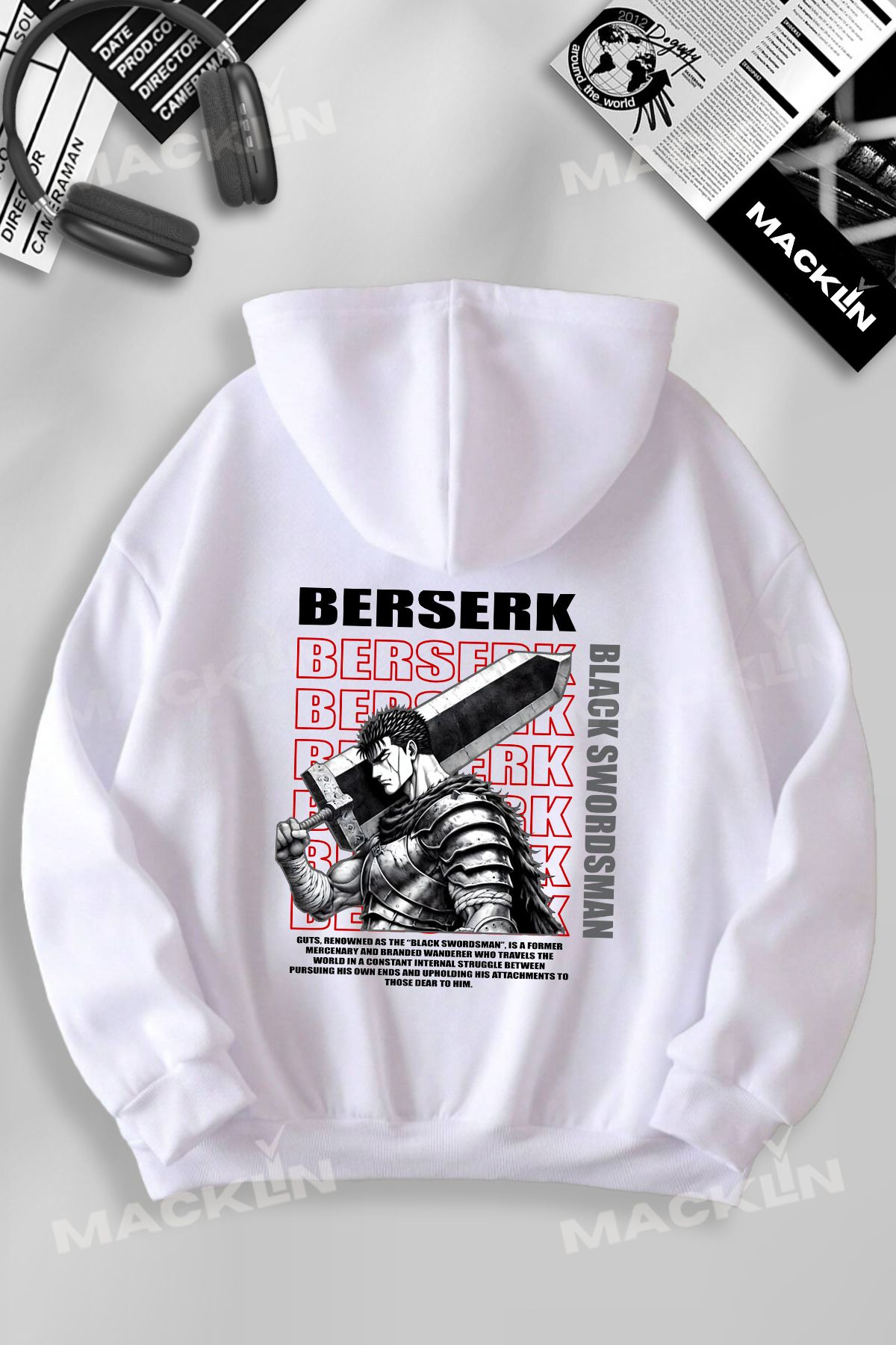 macklin Unisex Kadın Erkek Berserk Black Swordman Baskılı Özel Tasarım Baskılı Kapşonlu Sweatshirt