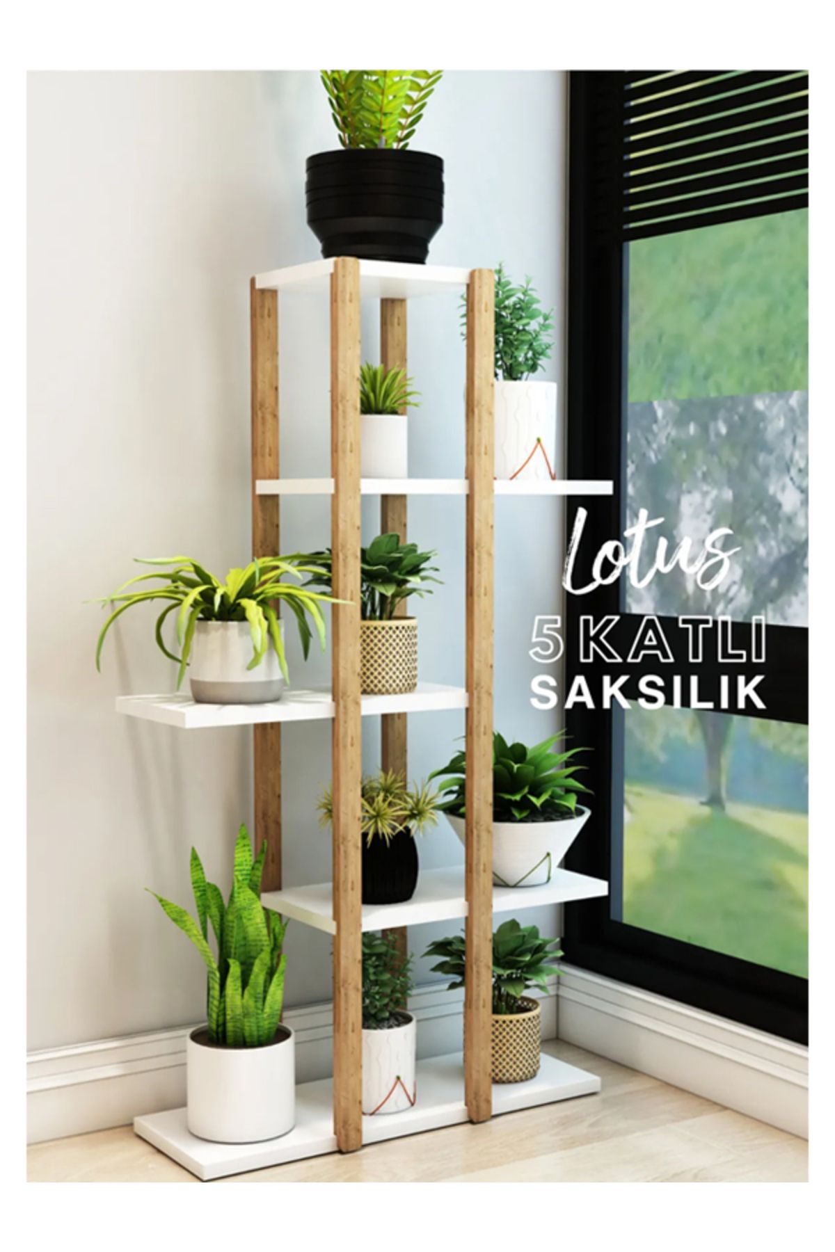 RUSTİKEVDECORART Lotus Beyaz Ahşap 5 Katlı Çiçeklik, Saksılık, Çiçek Standı,Dekoratif Duvar Raf / Çok Amaçlı Kullanım