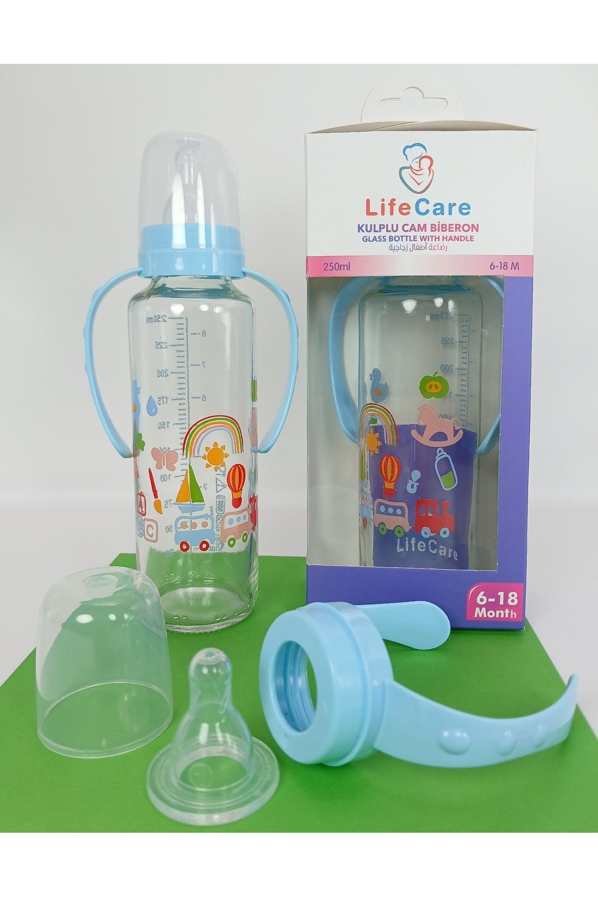 Life Care Kulplu Cam Biberon 250ml mavi