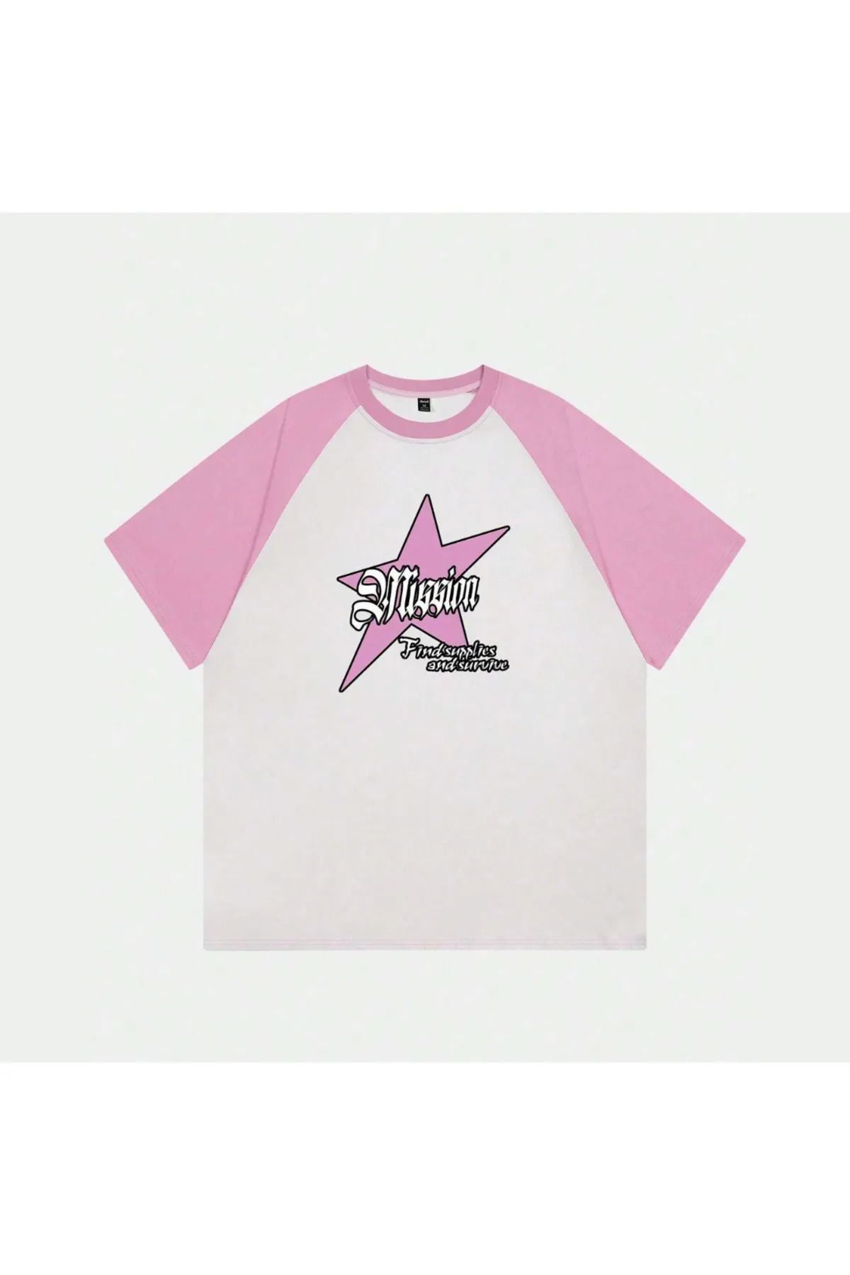 Gofeel Beyaz Unisex Pembe Reglan Mission Star T-Shirt