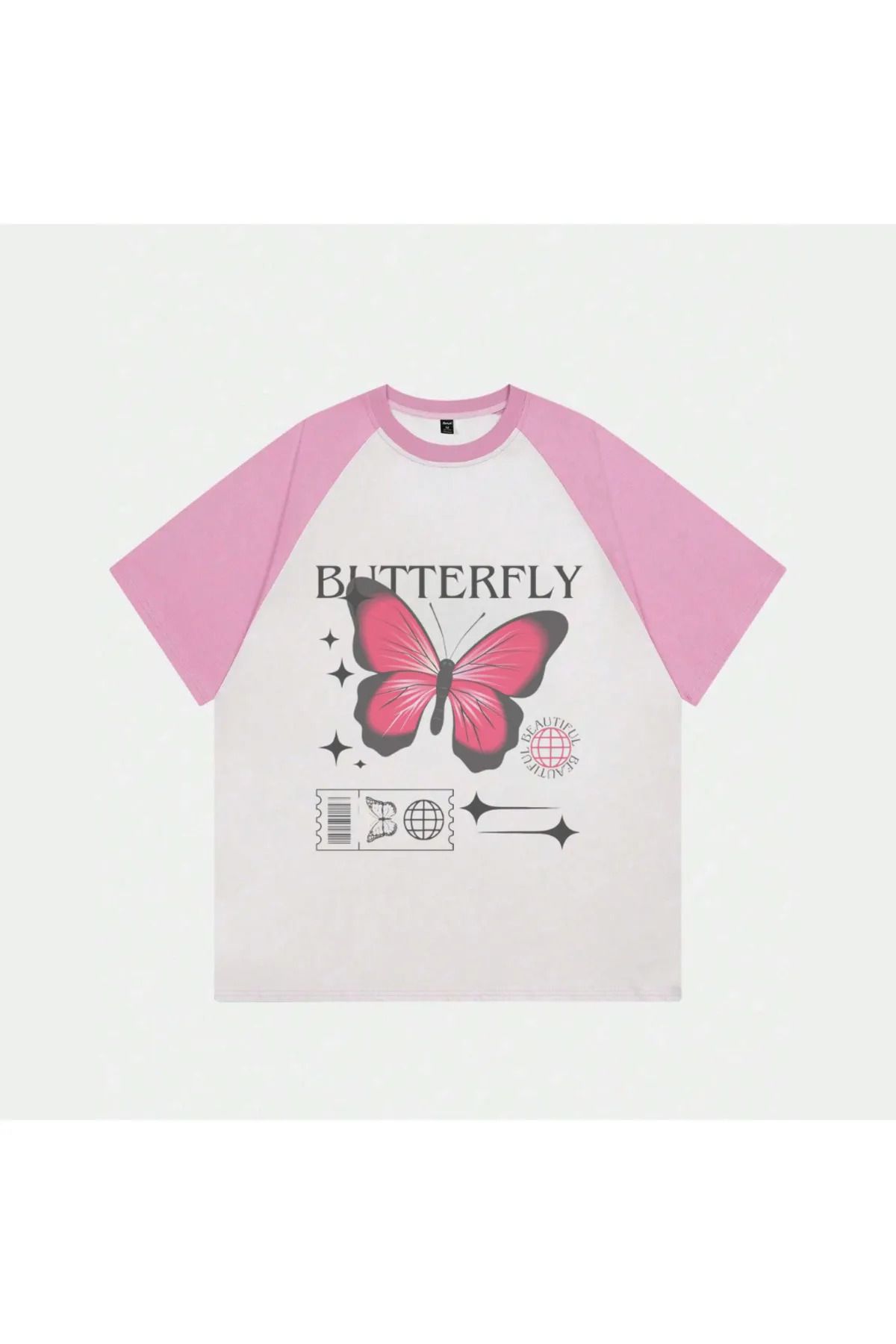 Gofeel Beyaz Unisex Pembe Reglan Butterfly T-Shirt