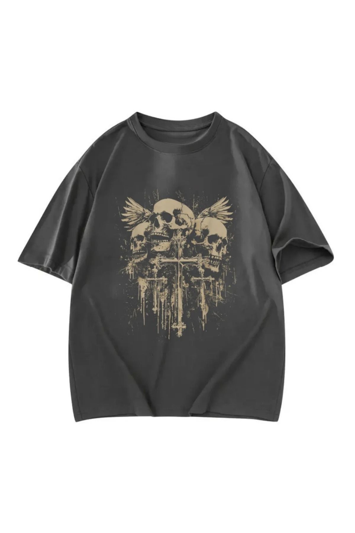 Gofeel Gothic Skull Cross Baskılı Unisex Oversize T-Shirt