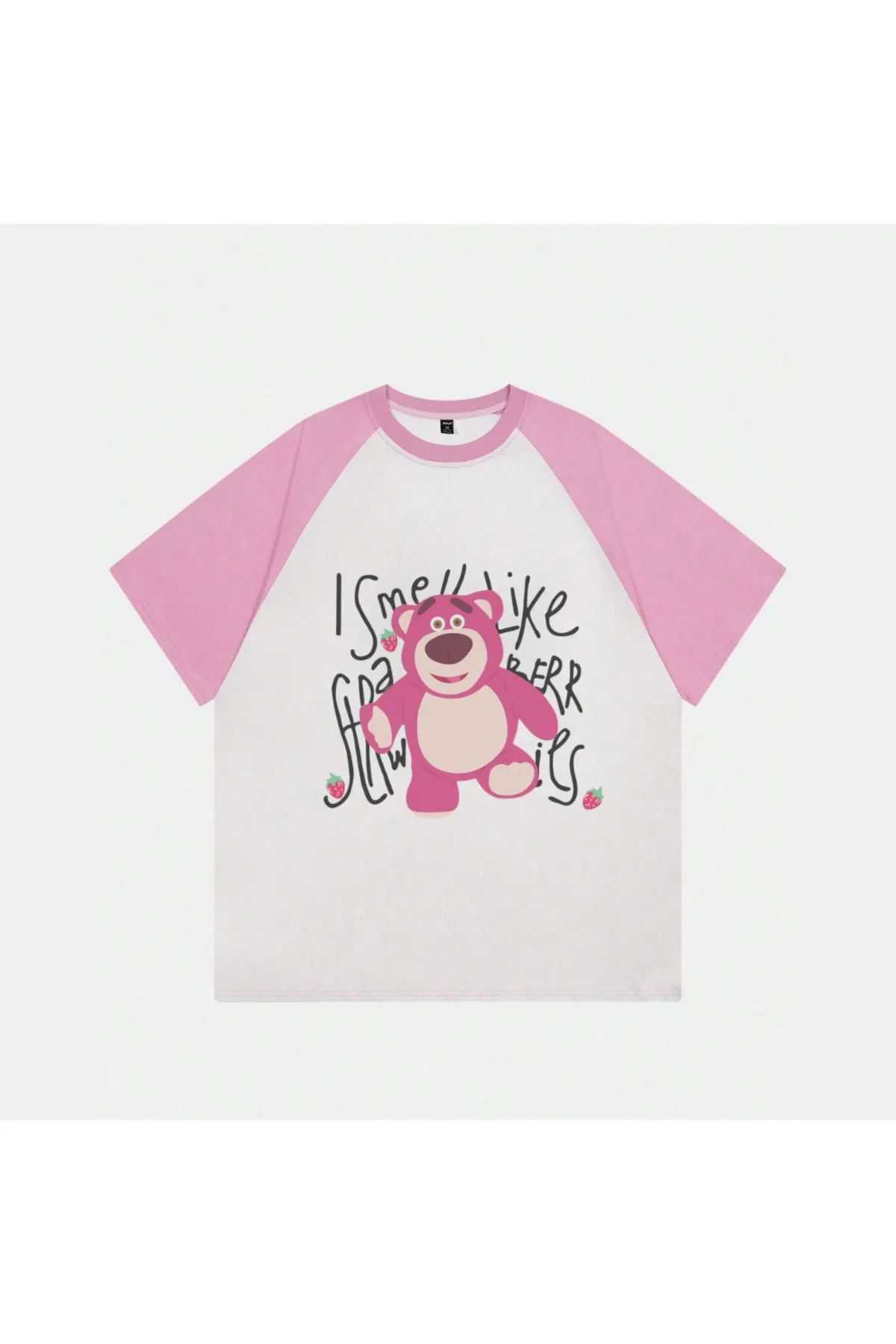 Gofeel Beyaz Unisex Pembe Reglan Cute Bear T-Shirt