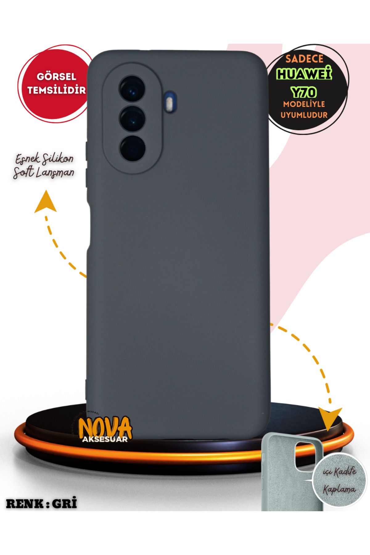 cepmoda Huawei Nova Y70 kılıf - Soft Dokulu içi Kadife Lansman Kapak v7 |  GRİ