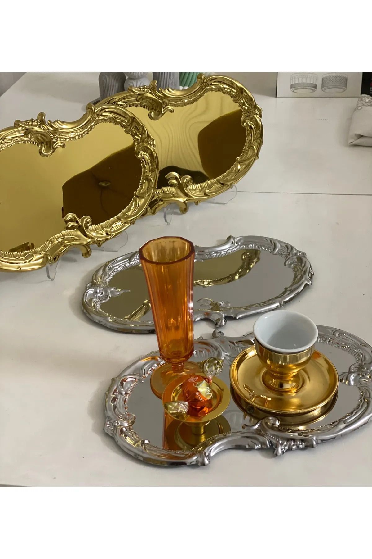 bilgenot 2 Gold 2 Gümüş Renk Işlemeli Dantel Desen Artnova Servis Ve Sunum Tepsisi