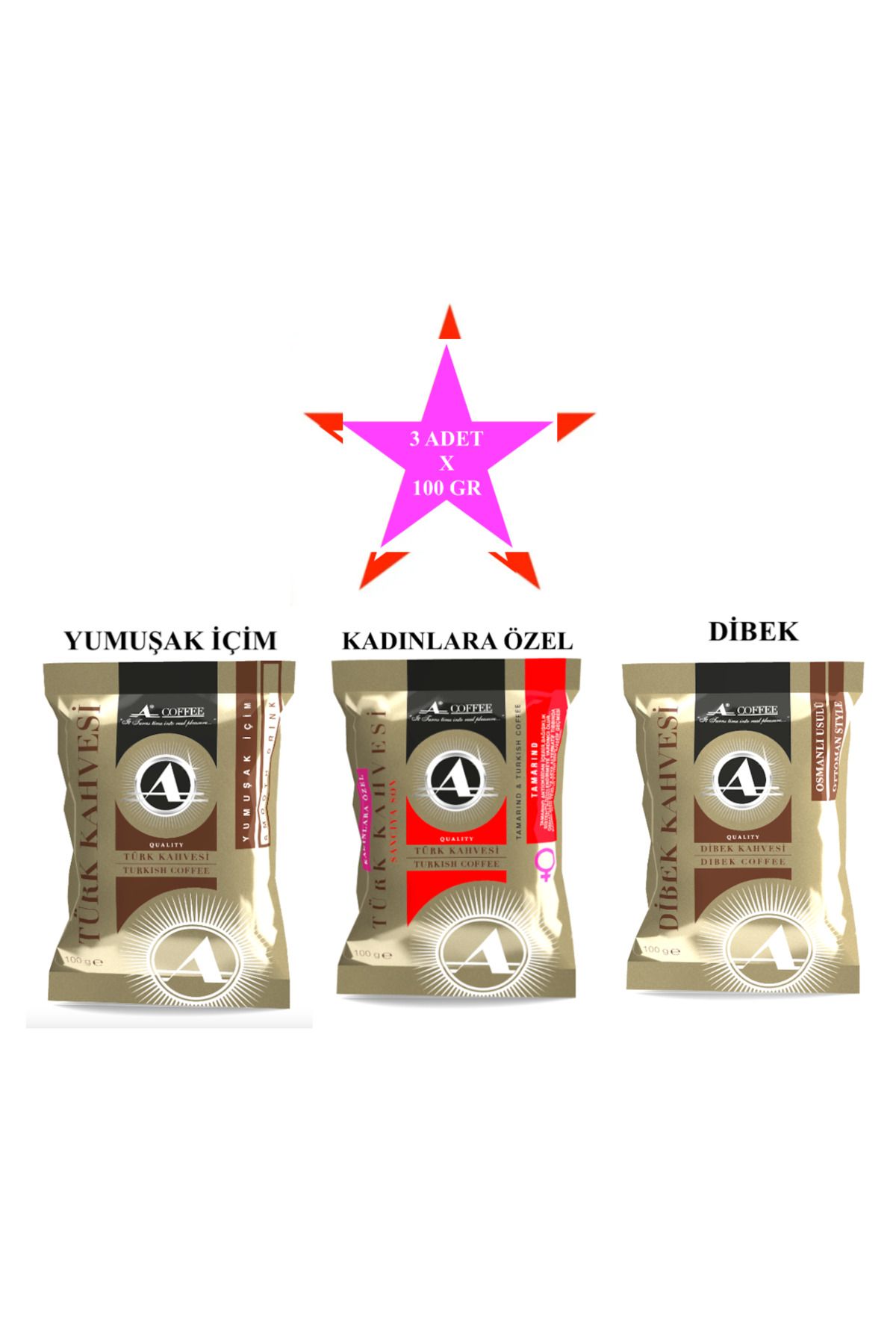 A Coffee Yumuşak İçim Türk Kahvesi + Kadınlara Özel Türk Kahvesi + Dibek Kahvesi (ÖZEL FİYAT) 100 gr X 3 Adet