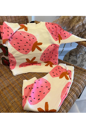 Kindo Kız Çocuk Çilek Detaylı Alt Üst Takım
