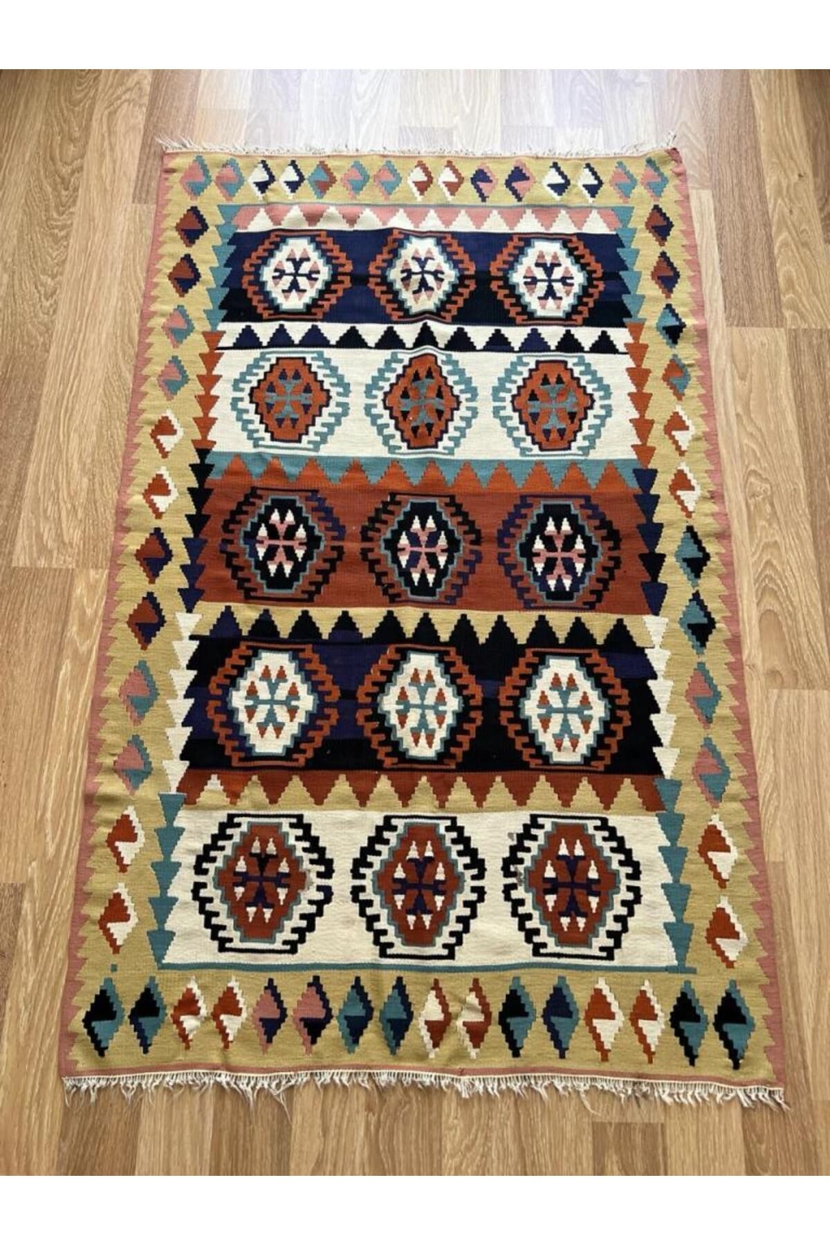 DesignEv 162x100 cm El Dokuma Kilim, Canlı Renkli Yün Kilim, Harika Canlı Renkli Kilim, Vintage Severler için