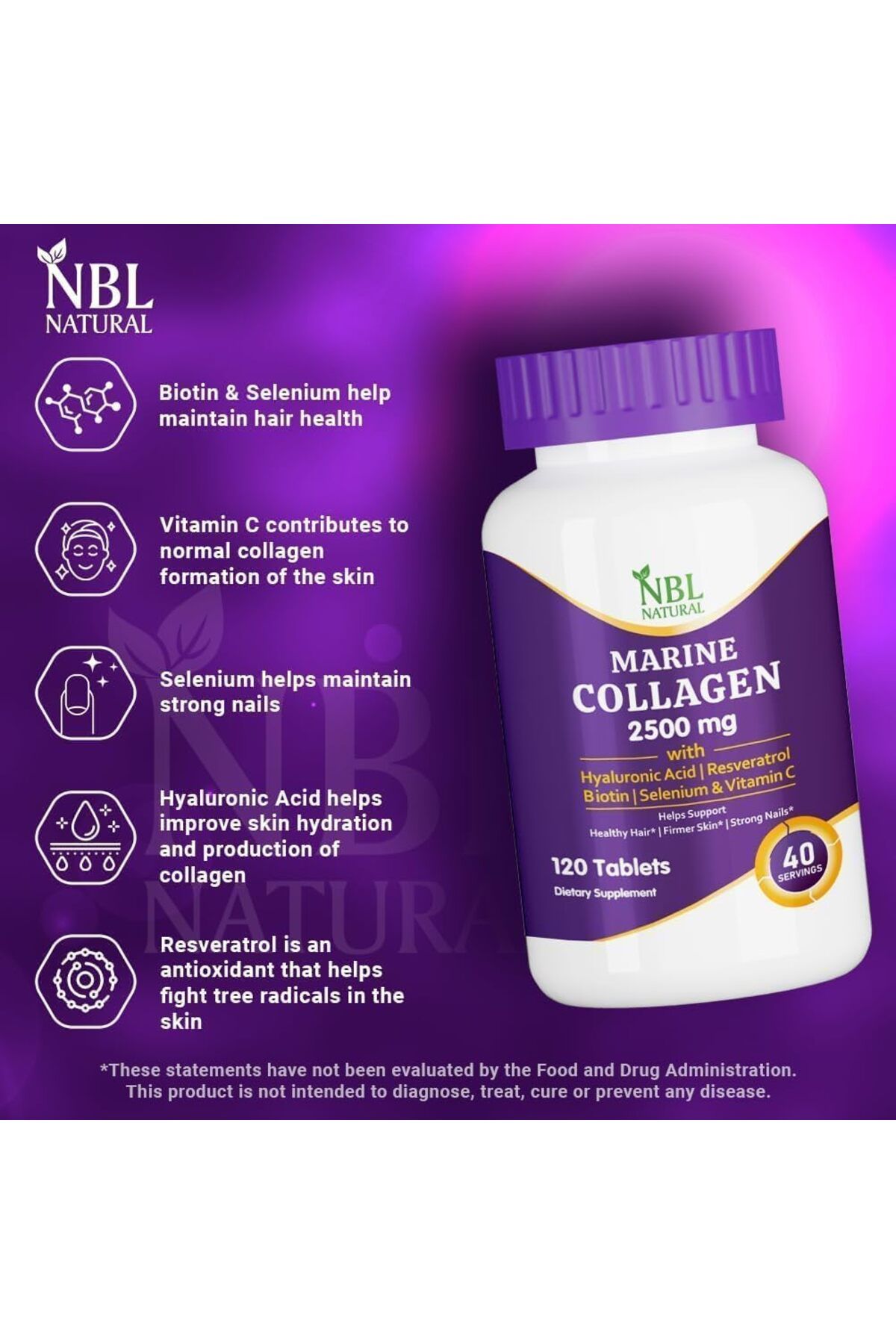 NBL Natural-Hydrolysed Marine Collagen 2500mg with Hyaluronic Acid, Biotin & Vitamin C, 120 Tablets 2