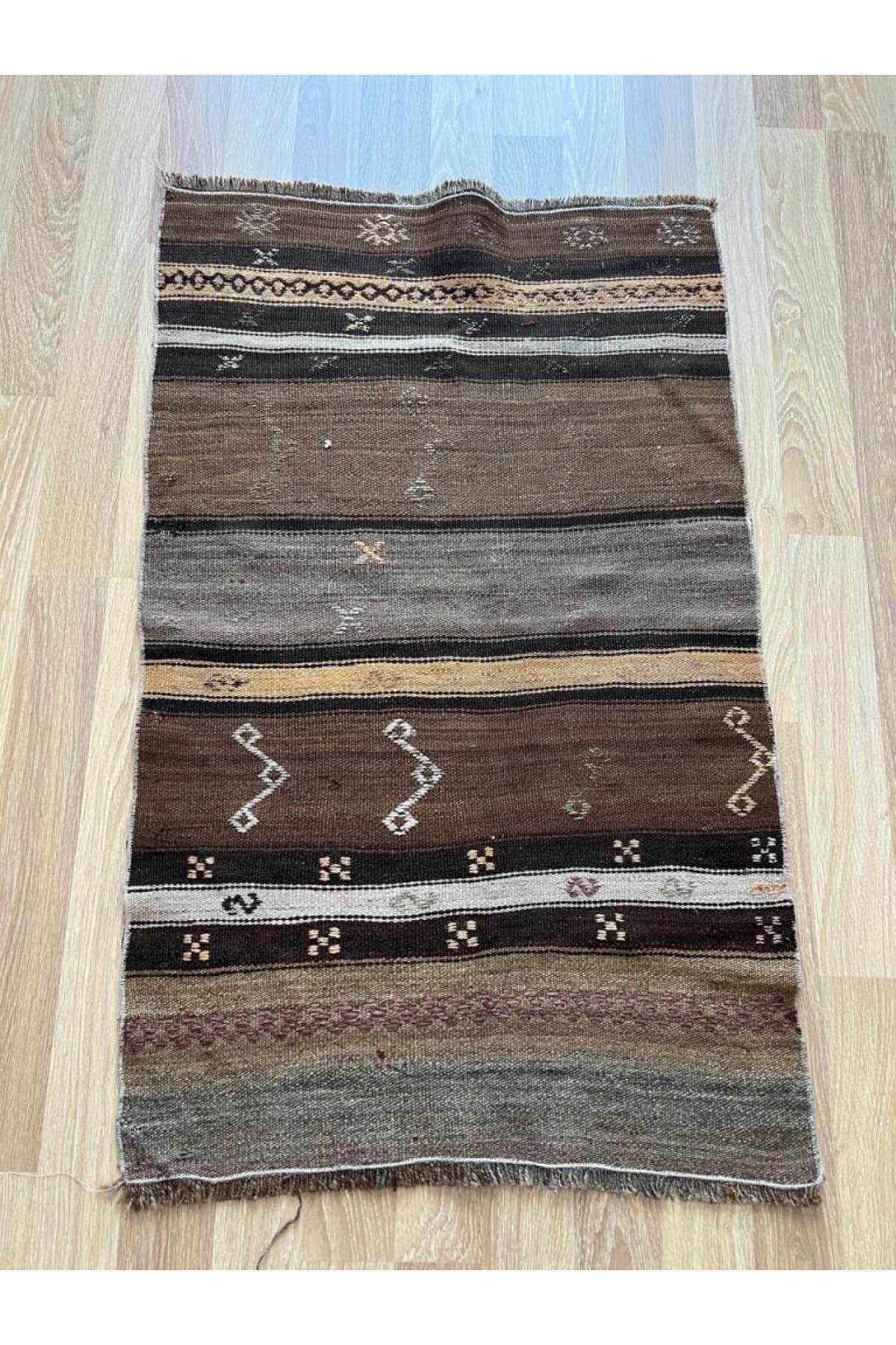 DesignEv 125x80 cm Bohem Stili Çizgili Halı, Kahverengi Tonlarında Yün Kilim, Şık ve Sıcak Halı, El Dokuma Ha