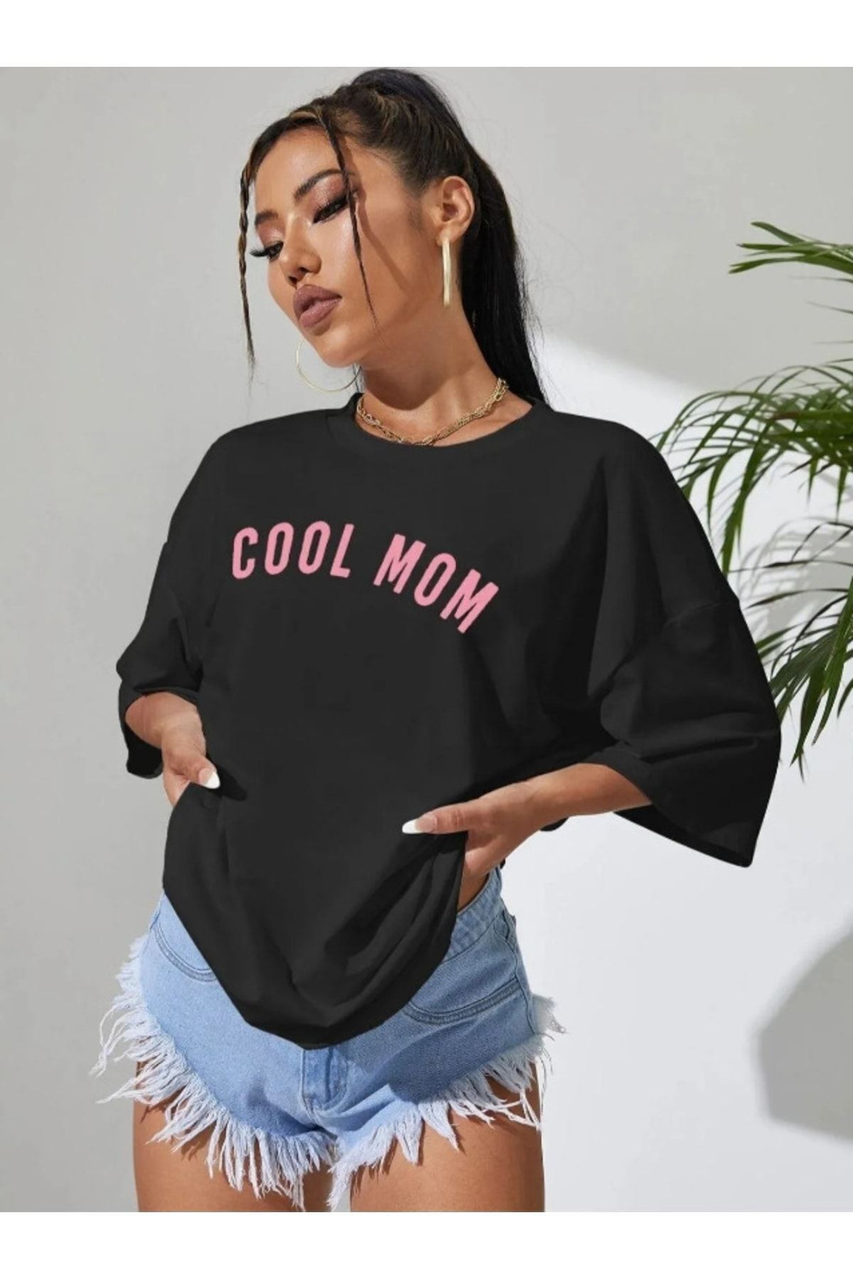 MARECASH Kadın Siyah Cool Mom (PEMBE BASKILI) Hamile Tişört %100 Pamuk fotoğrafı 5 (önizleme)