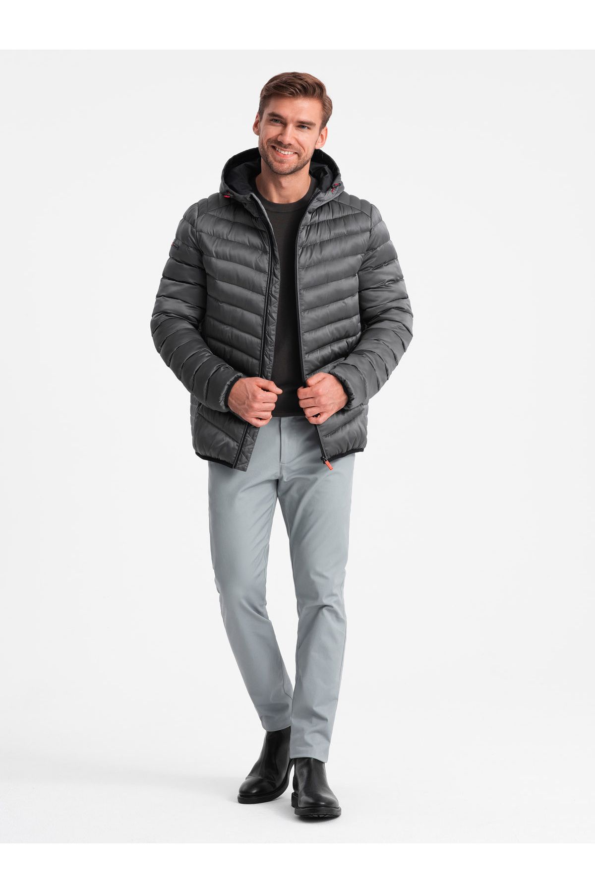 OMBRE-Leicht isolierte Steppjacke für Herren mit Satinbesatz - Graphit V14 OM-JALP-0180 S 4