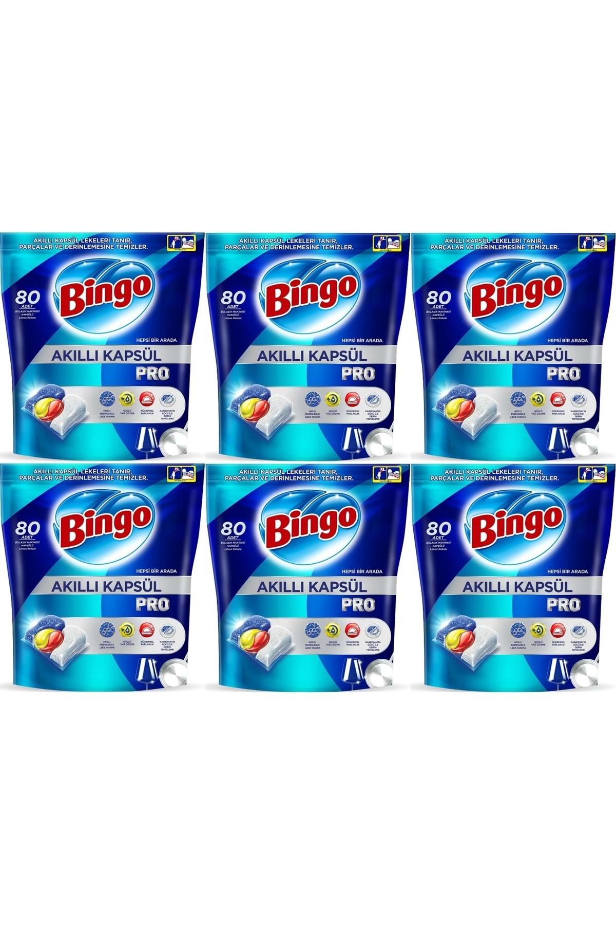 Bingo Akıllı Kapsül Pro Bulaşık Makinesi Deterjanı Tableti 480 Adet Limon Kokulu (6PK*80)