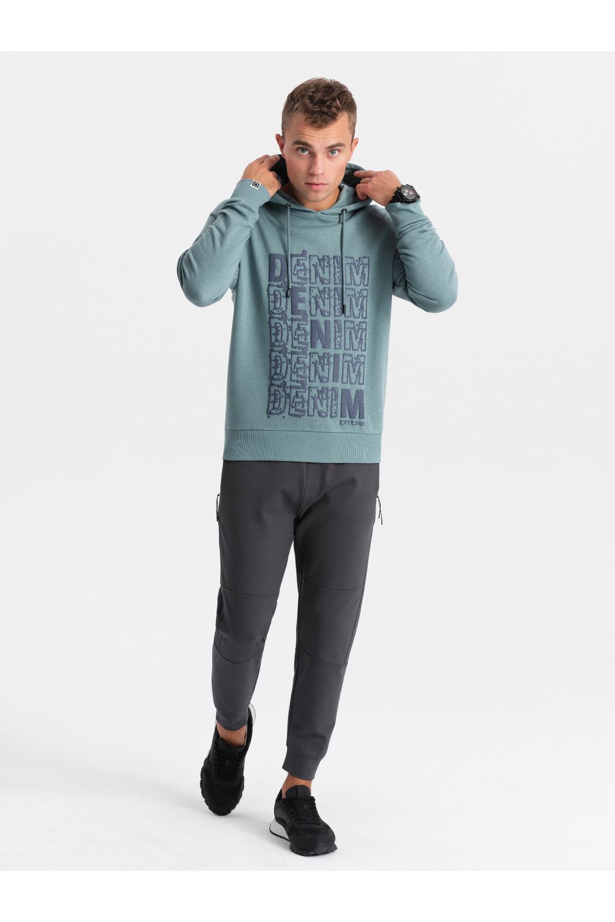 OMBRE-Men's non-stretch kangaroo sweatshirt with hood and print - turquoise V2 OM-SSPS-0158 L 4