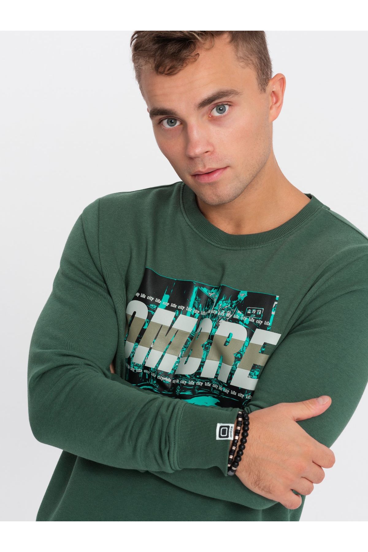 OMBRE-Men's printed over-the-head sweatshirt - green V2 OM-SSPS-0156 L 1