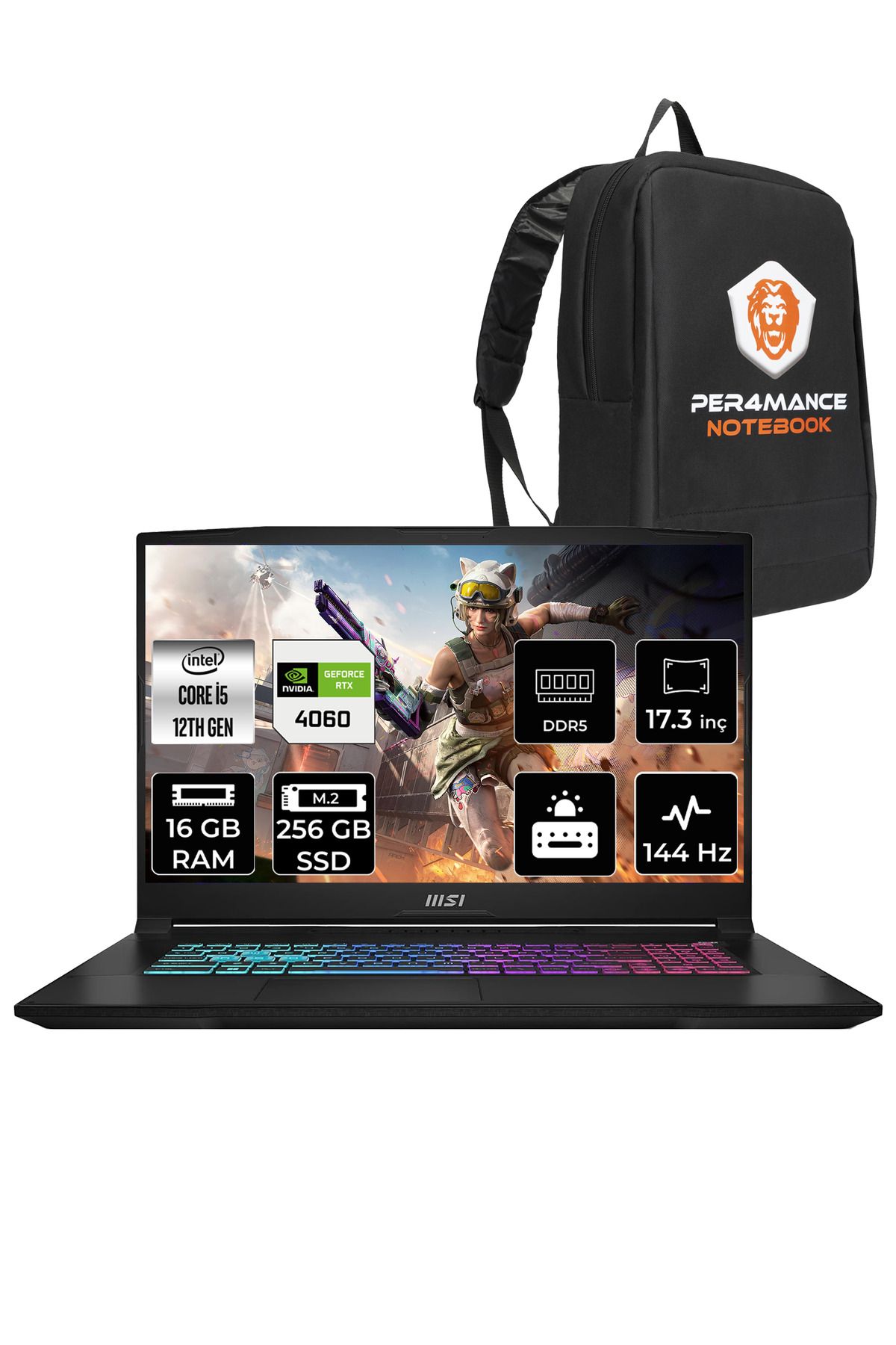 MSI Katana 17 B12VFK31 i5 12450H 16GB 256GB SSD RTX4060/8GB 105W 17.3" FHD 144Hz FDOS  & PER4 ÇANTA