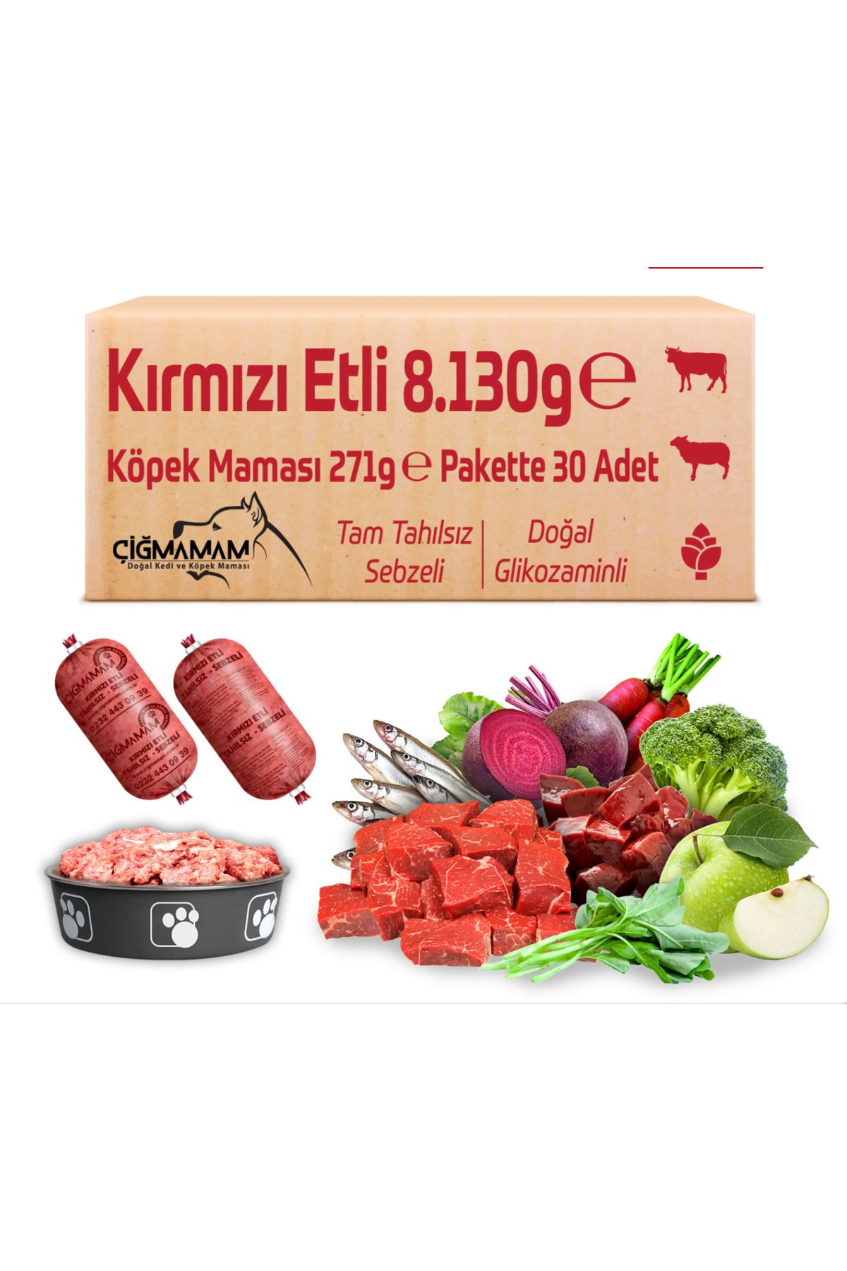 Çiğmamam Doğal Kedi ve Köpek Maması Barf Kırmızı Etli Tahılsız Sebzeli 8.130 Gr 271 Gr 30 Adet Köpek Maması