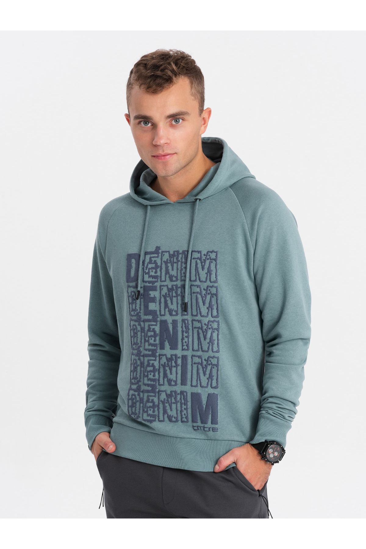 OMBRE-Men's non-stretch kangaroo sweatshirt with hood and print - turquoise V2 OM-SSPS-0158 L 1