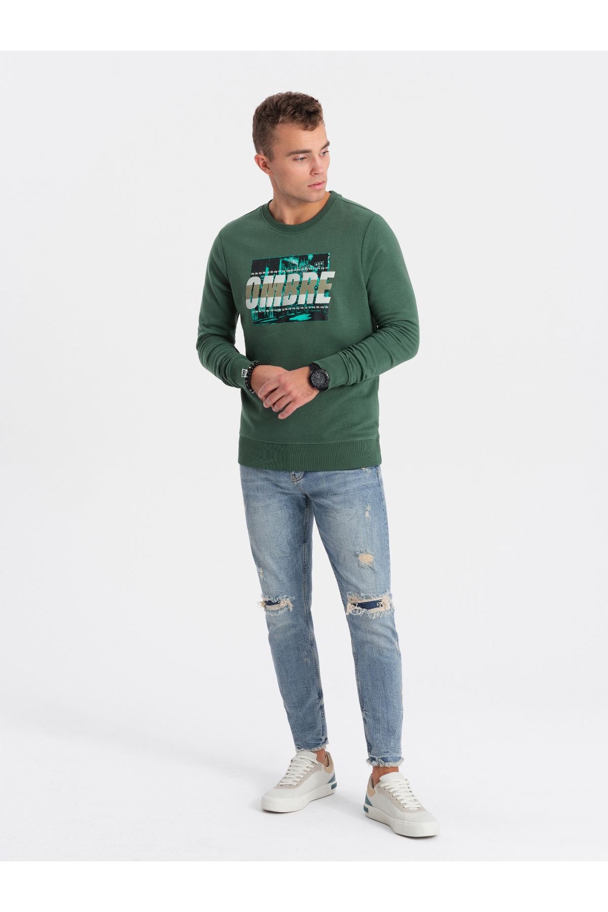 OMBRE-Men's printed over-the-head sweatshirt - green V2 OM-SSPS-0156 L 4