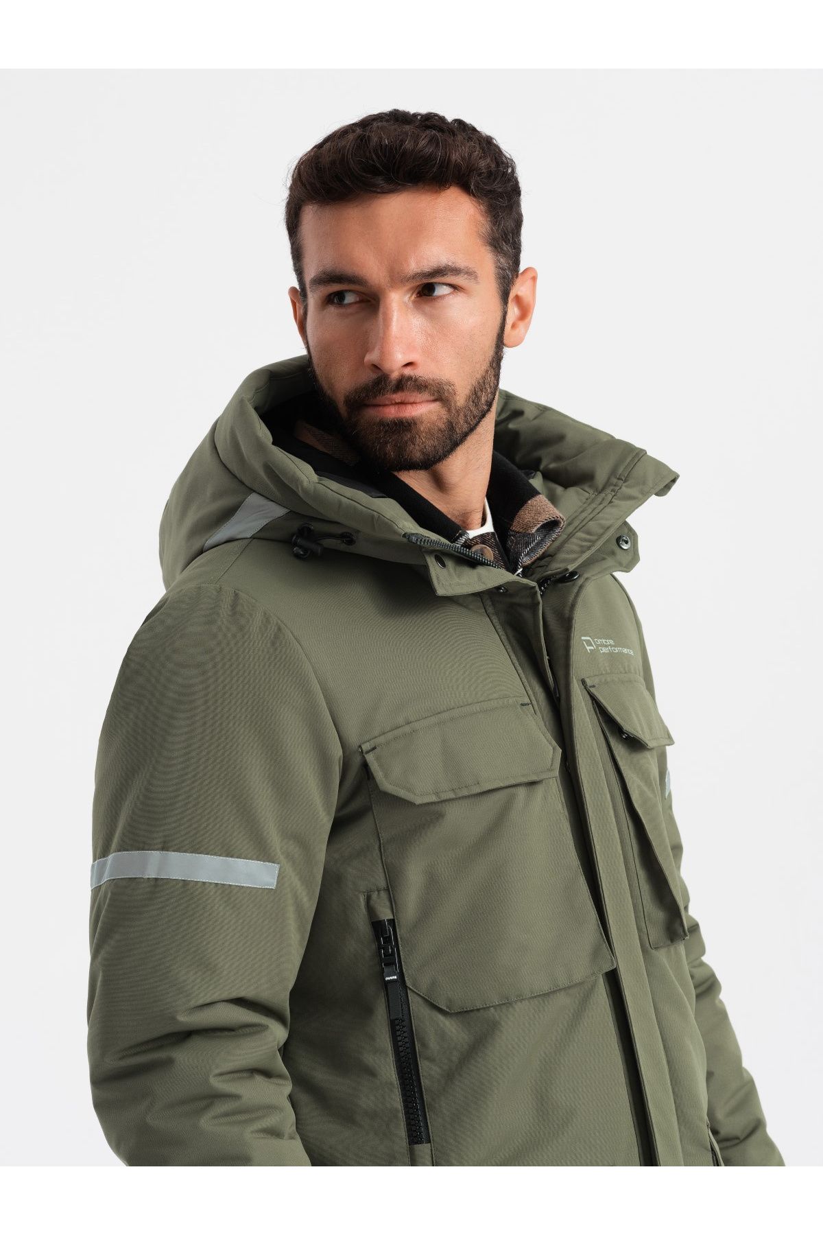 OMBRE-Isolierte lange Herrenjacke mit reflektierenden Elementen - oliv V3 OM-JALJ-0169 XXL 3