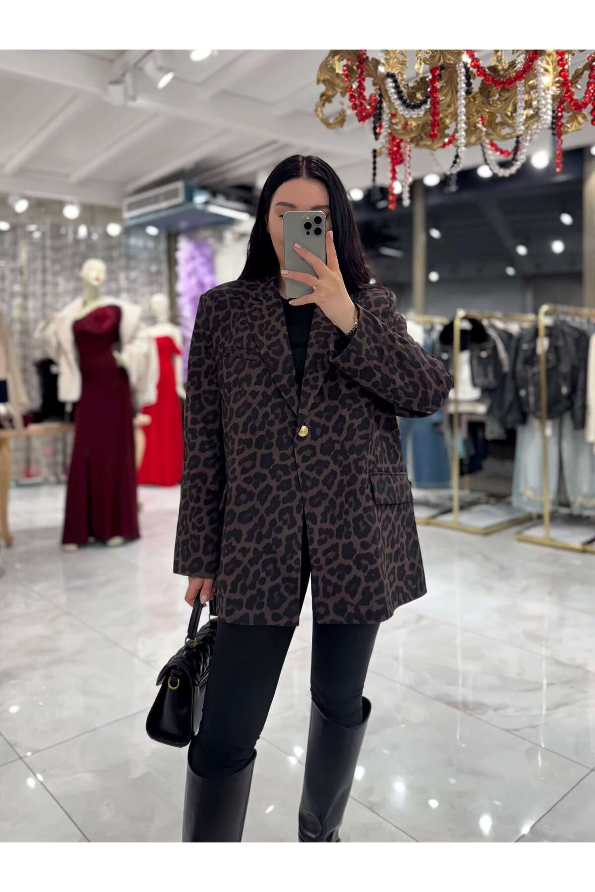 missswans Morni Leopar Desenli Oversize Boyfriend Kesim Blazer-Kahve