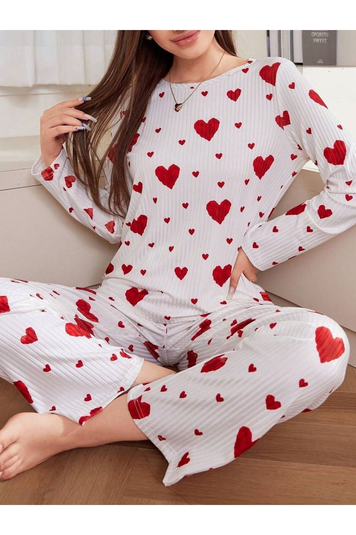 CSR HOMEWEAR Kadın Uzun Kollu Kırmızı  Kalpli Pantolon Pijama Takımı LOVE