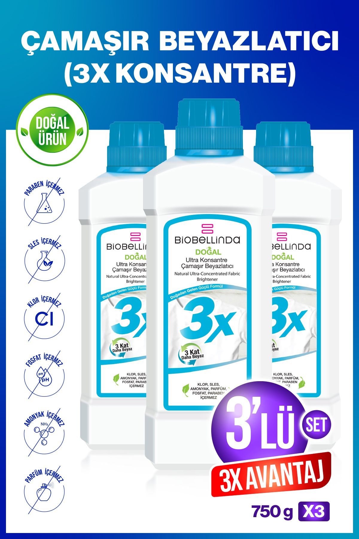 BioBellinda 3 Adet - 3x Ultra Konsantre Çamaşır Beyazlatıcı 750 gr ( 3'lü Set )