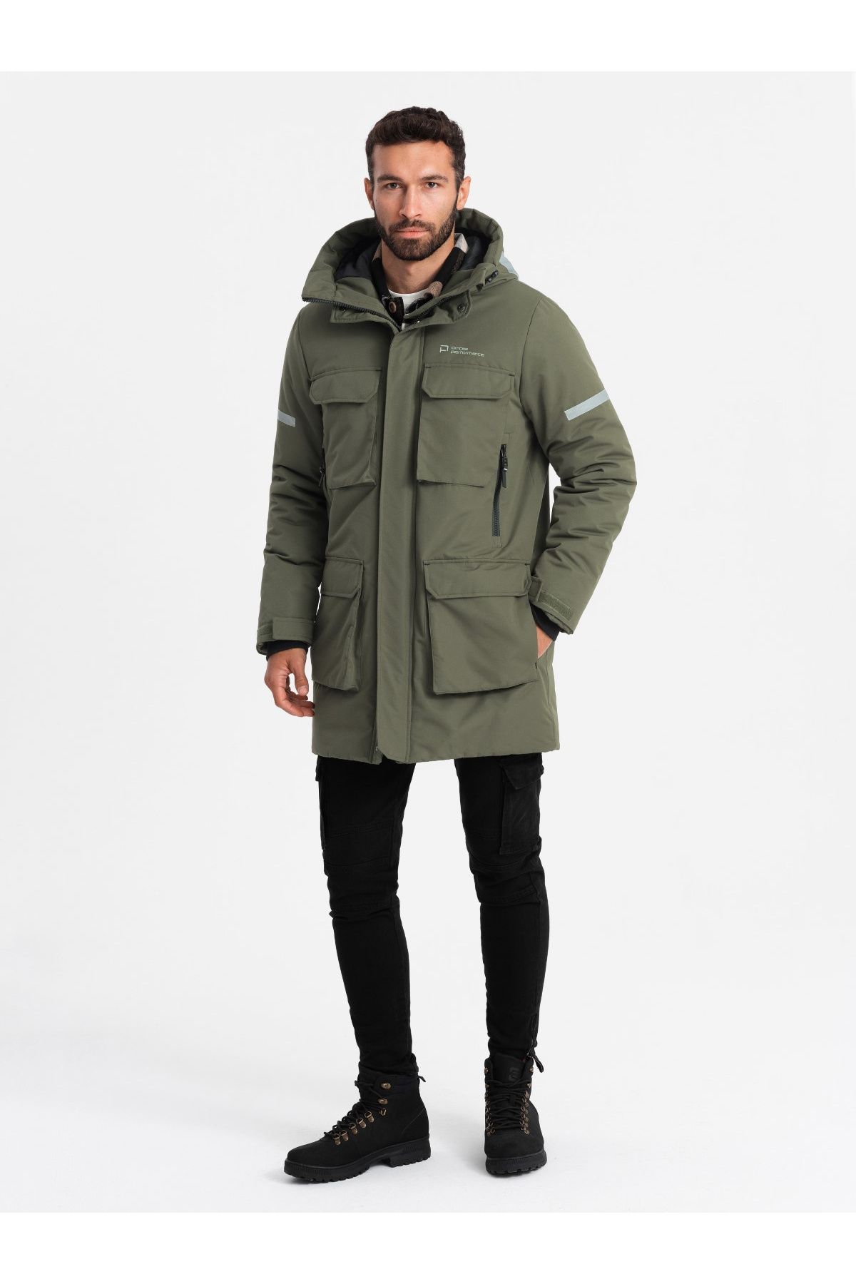 OMBRE-Isolierte lange Herrenjacke mit reflektierenden Elementen - oliv V3 OM-JALJ-0169 XXL 4