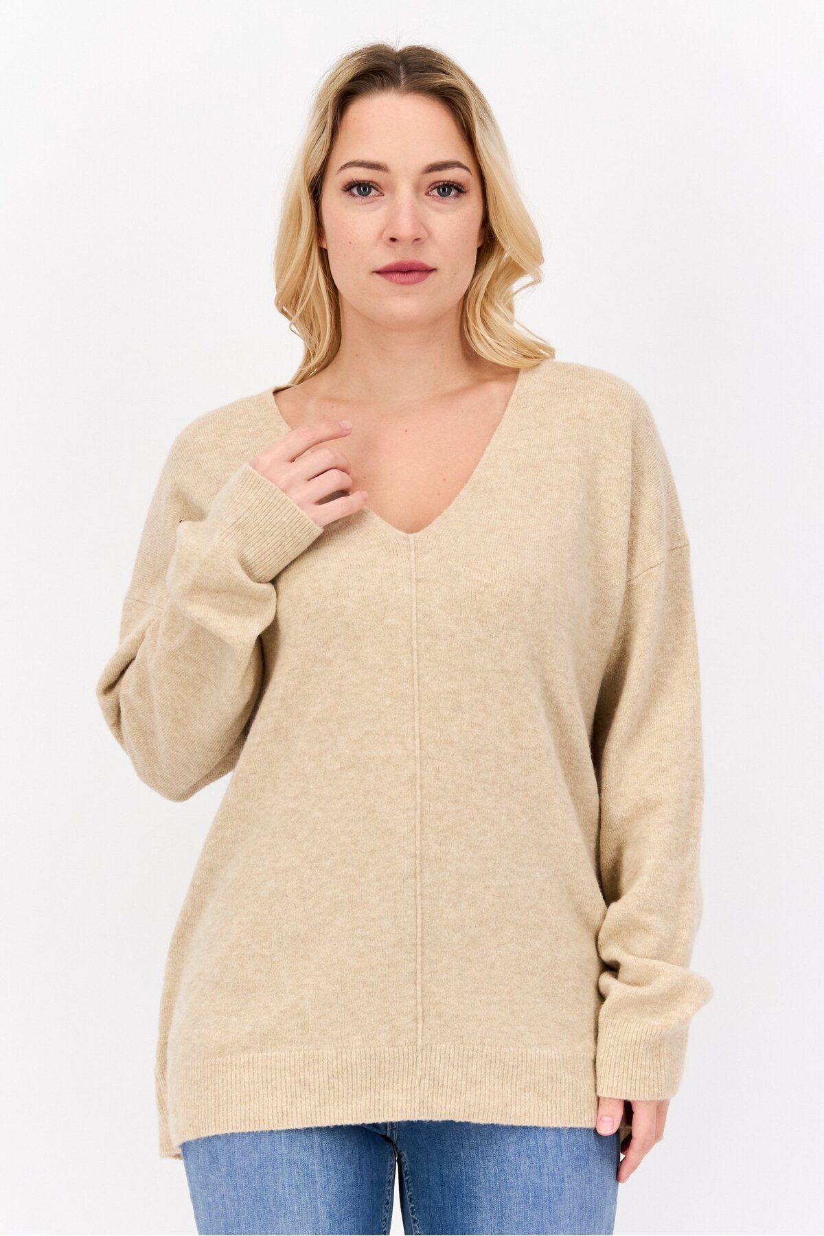 Esprit-Women V-neck Textured Sweater, Beige 1