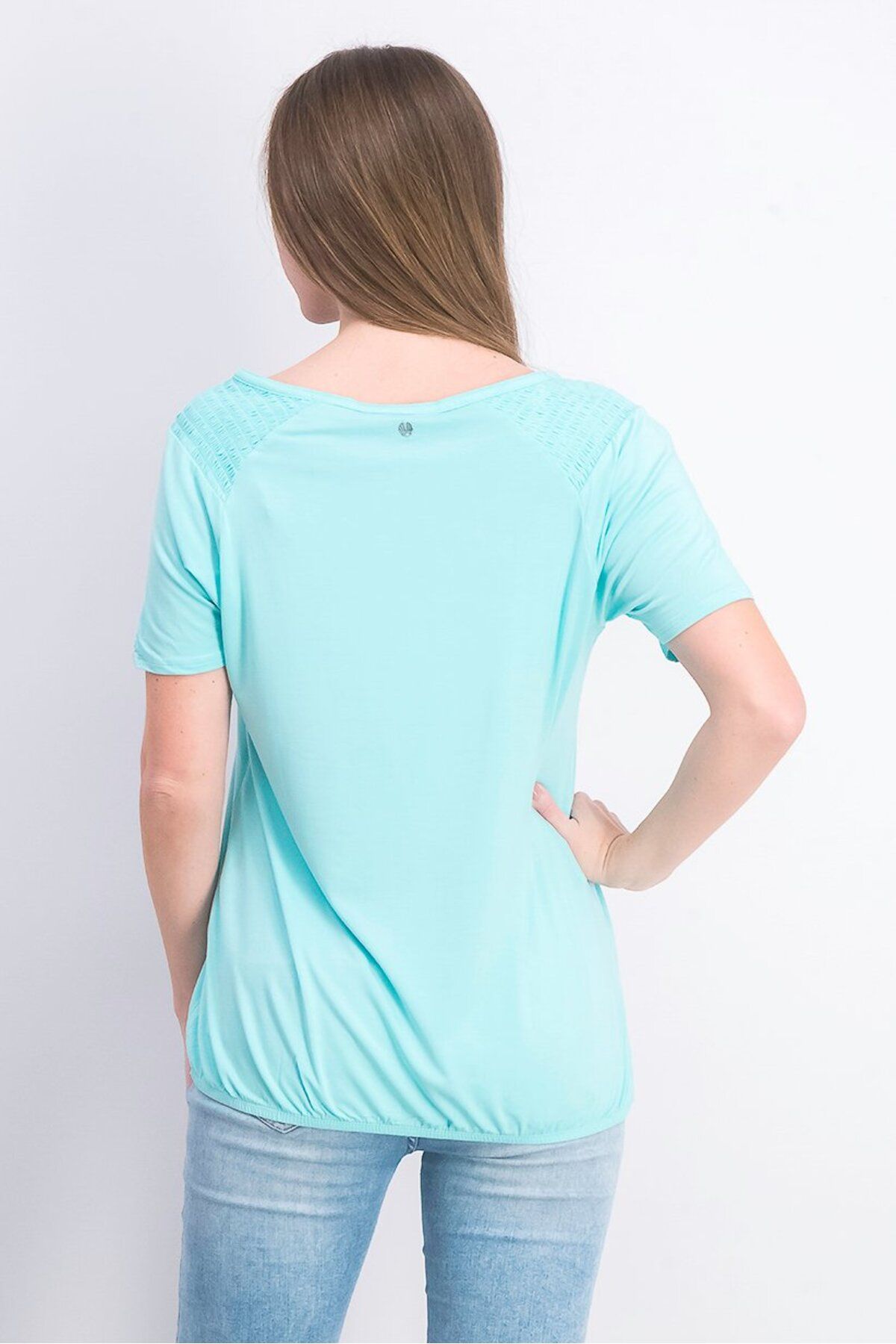 Tchibo-Women Boat Neck Plain Short Sleeve Blouse, Aqua 3