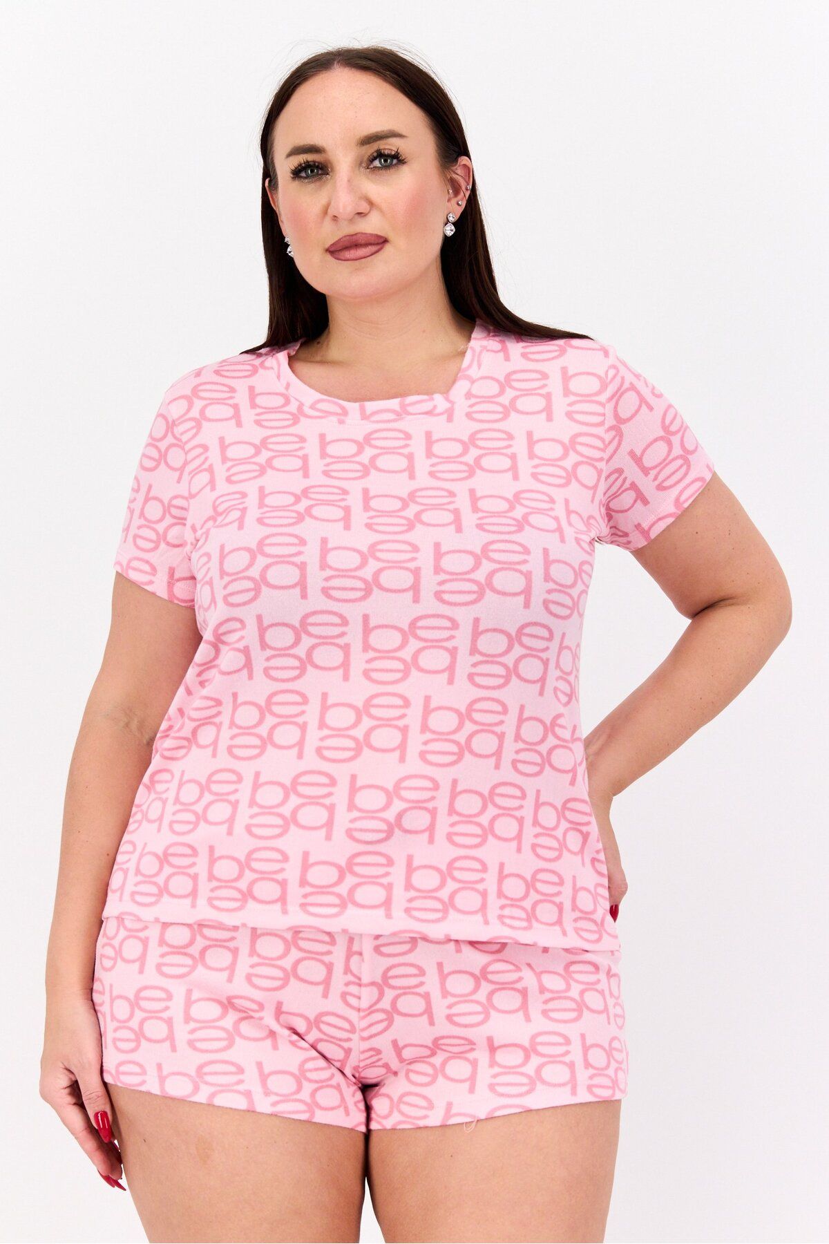 Bebe-Women Plus Size 2 Pieces Set Brand Logo Top And Short Pajama, Pink 1