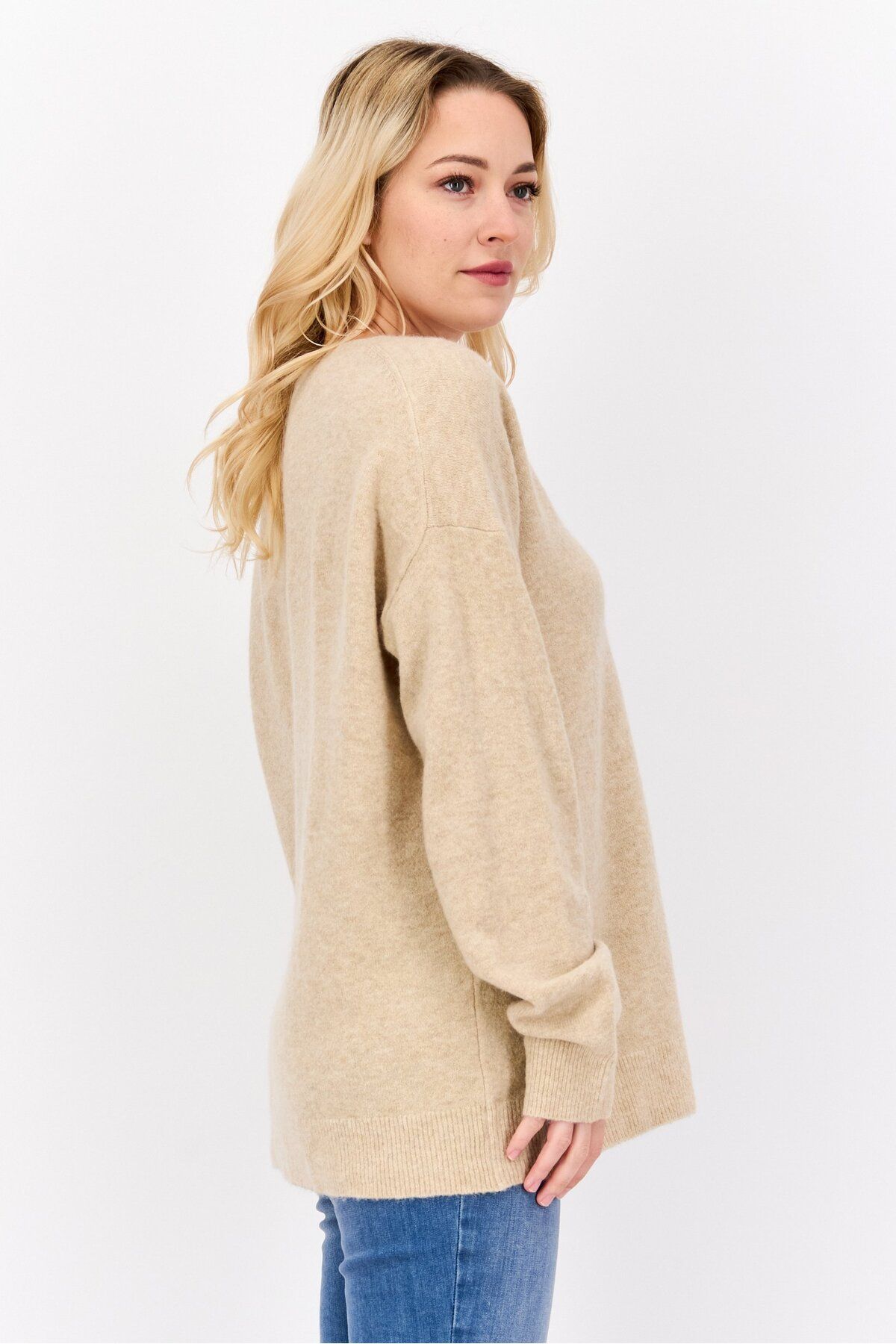 Esprit-Women V-neck Textured Sweater, Beige 2