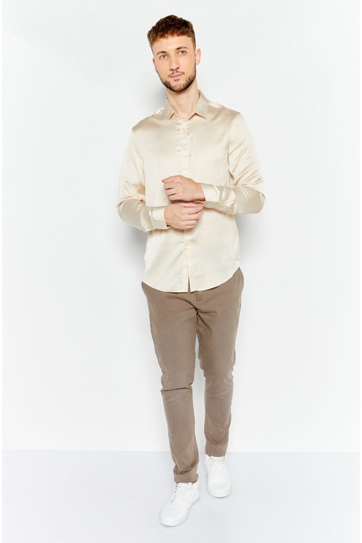 Asos Design-Men Regular Fit Long Sleeve Plain Casual Shirt, Beige 2