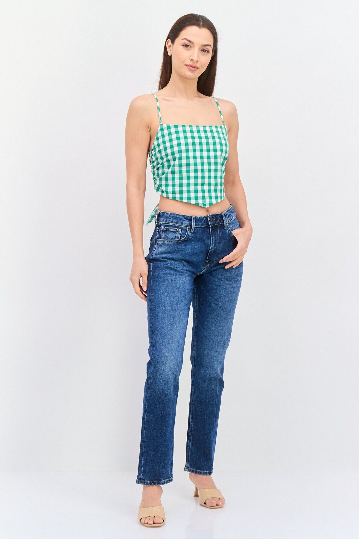 Pepe Jeans-Women Square Neck Sleeveless Checkered Tank Top, Green 4