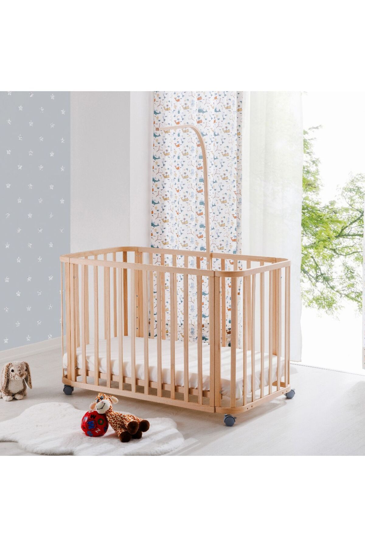 babywho BW 6090 - Tekerlekli Sallanır Sabitlenir Kademeli Anne Yanı Ahşap Bebek Beşik